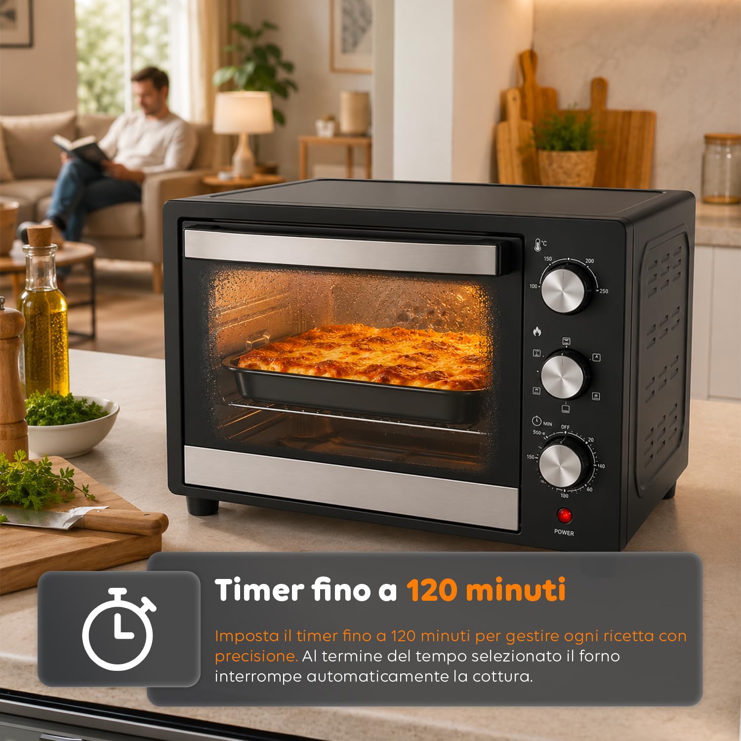 WINTEM Forno Elettrico da Banco 45 Litri Multifunzione Ventilato — Fornetto Elettrico con Timer, Doppio Vetro, Grill e Teglia in Acciaio Inox, 1800W