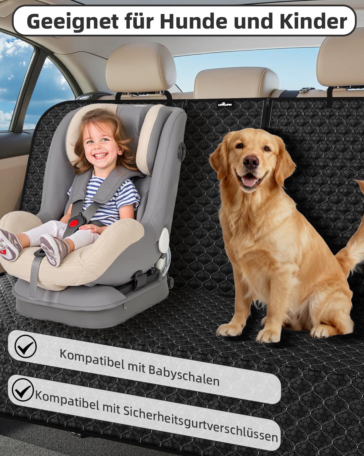 Hundedecke Auto Rückbank Kompatibel mit Kindersitz und Hundegurt Autoschondecke Hund Rücksitz Wasserdicht Kratzfeste Hundematte Auto Rückbank Universal für PKWs LKWs und SUV mit Hundegurt