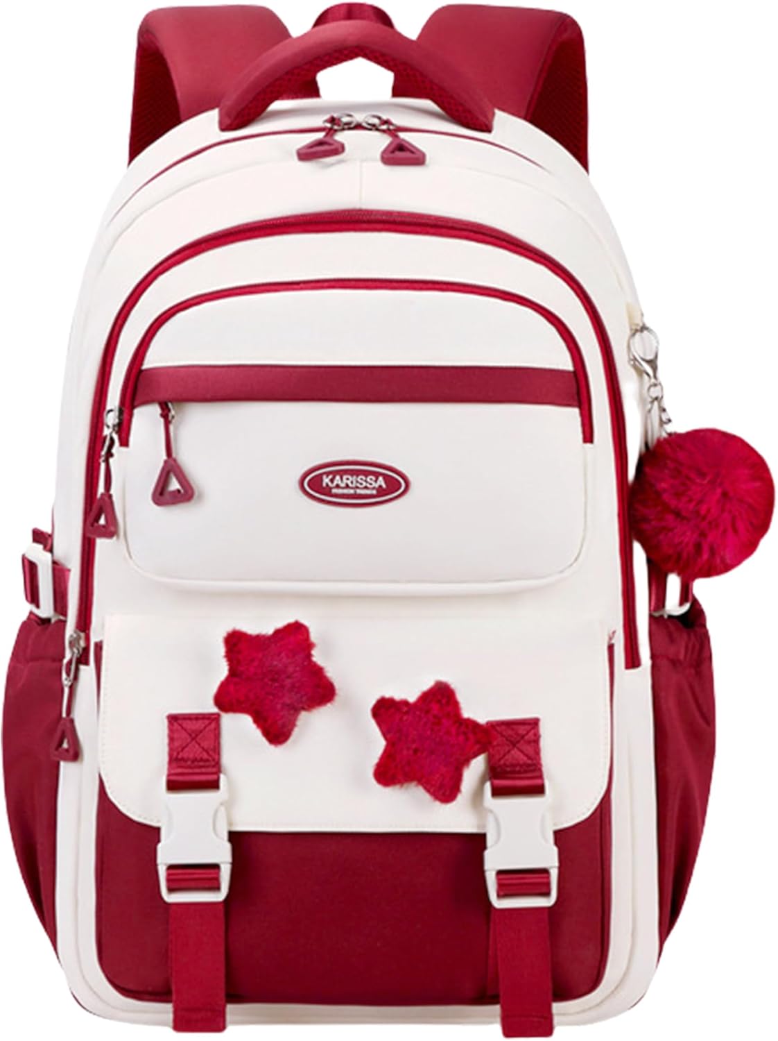 Cute Backpack for Girls, Kawaii Large Capacity Bookbags for Teens Kids Preppy Aesthetic Book Bag for Elementary Middle High School with Star Pins and Furry Pendant 4+ Years Old (Burgundy)