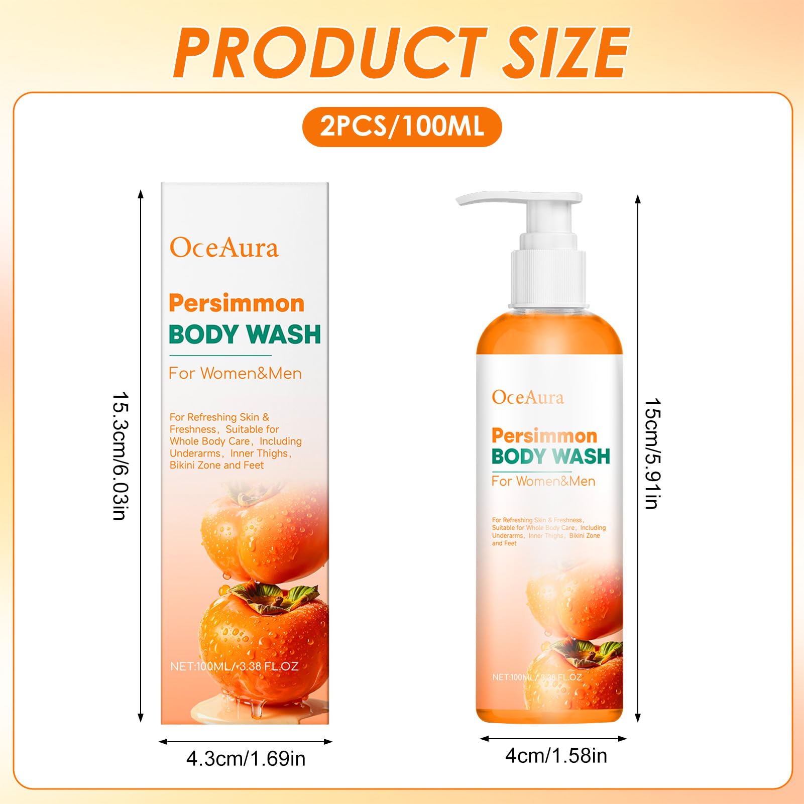2 Persimmon Body Wash,Gel de Ducha de Caqui,Jabón Corporal de Caqui y Té Verde,Gel de Baño de Limpieza Profunda Hidratante Natural Eliminador de Olores — view 2