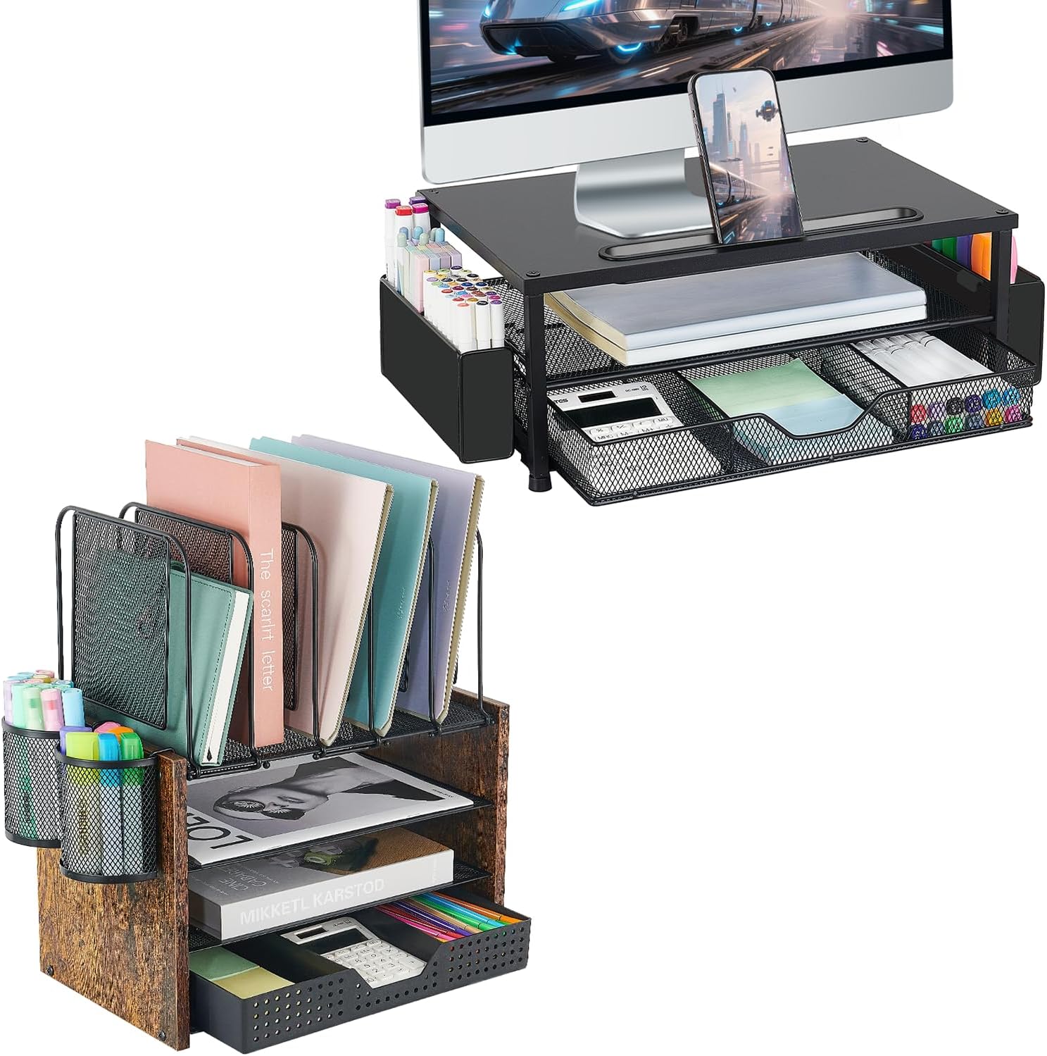 AUPSEN Monitor Stand with Storage + 4-Tier Wood Desk Organizer