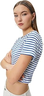 تيشرت قصير مضلع بقصة ضيقة سليم فت وأكمام قصيرة ورقبة دائرية ضيقة من القطن الكلاسيكي للنساء من كوتون (عبوة من قطعة واحدة)