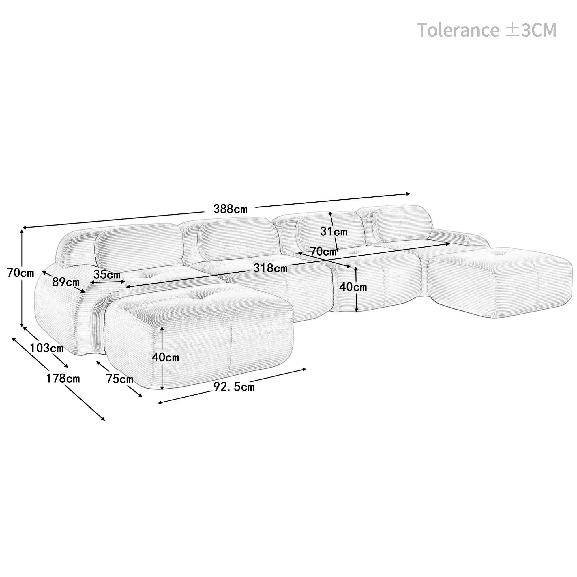 Sofá modular en U de 4 plazas de pana – en forma de U, acolchado 32D de alta elasticidad, sin marco, reposabrazos extra anchos, sin montaje y antideslizante, color beige