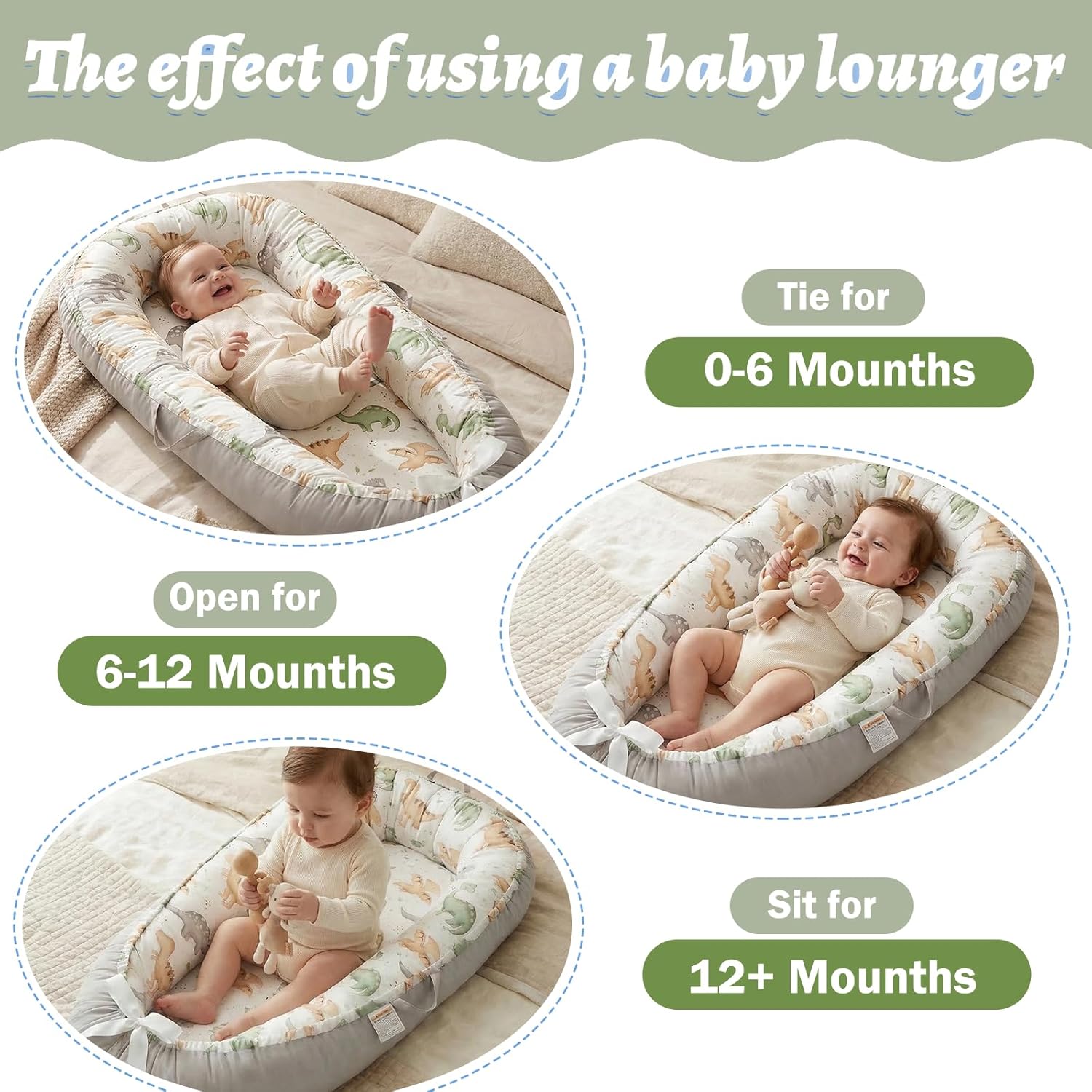 Alened Baby Lounger for Newborn 0-24 Months, Organic Cotton Infant Lounger on Floor for Supervised Tummy Time, Adjustable Portable Support Pad for New Born Awake Use Only - Dinosaur