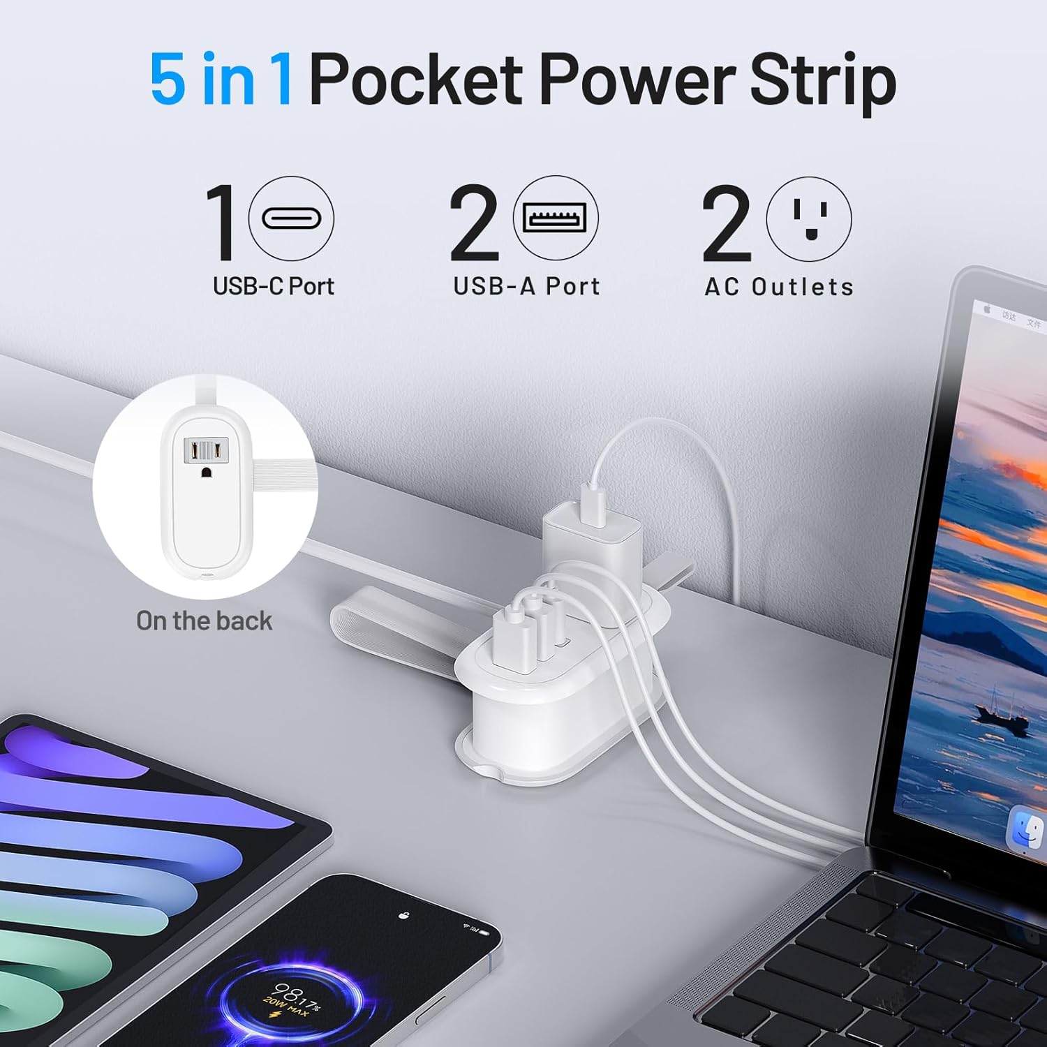 BEVA Power Strip showing 1 USB-C, 2 USB-A, and 2 AC outlets