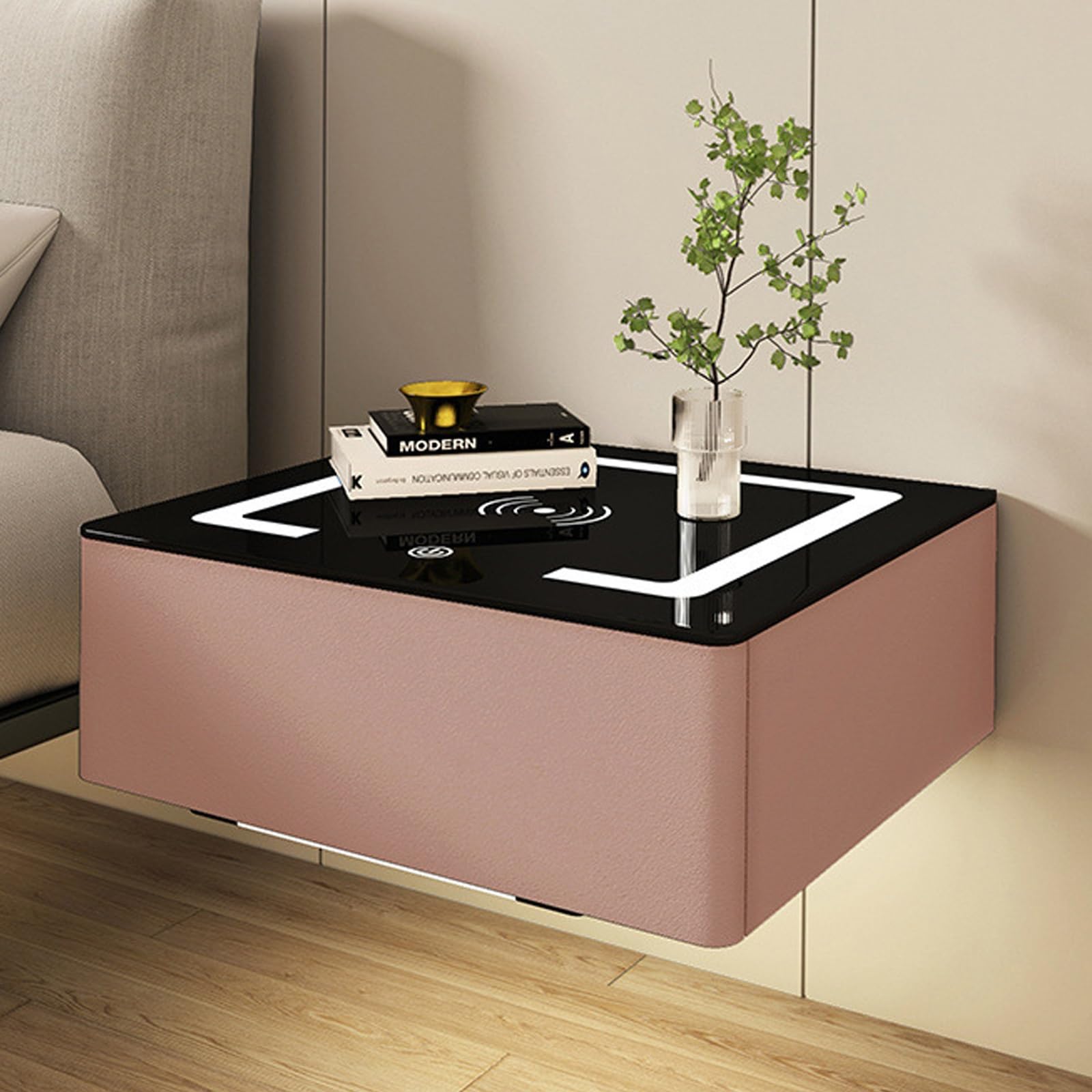 Table de chevet murale anti-encombrement rose à induction et tiroir de nuit