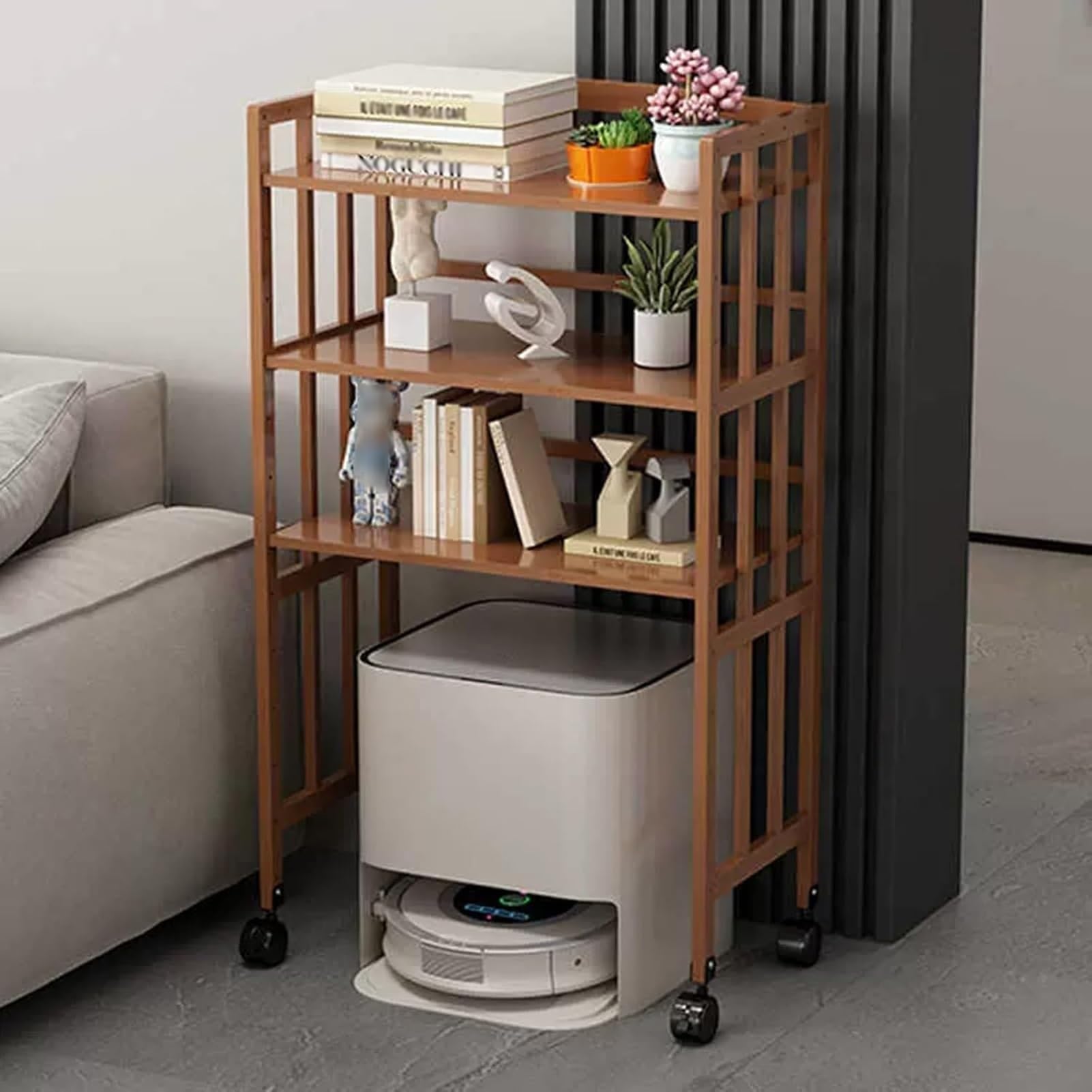 Étagère robot balayeur avec tablette en bois réglable en hauteur et mobile