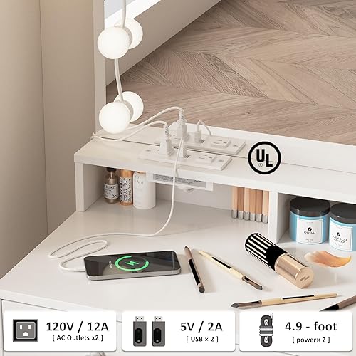 Miniatura 4 de Vabches Tocador con espejo y luces, mesa de maquillaje con estación de carga, bonito juego de tocador con cómodo banco, tocador con 3 compartimentos