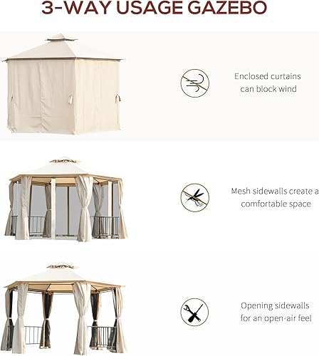 Miniatura 4 de Outsunny Gazebo de patio de 13 x 13 pies, toldo hexagonal de doble techo para exteriores, con malla y cortinas, marco de acero sólido para jardín,