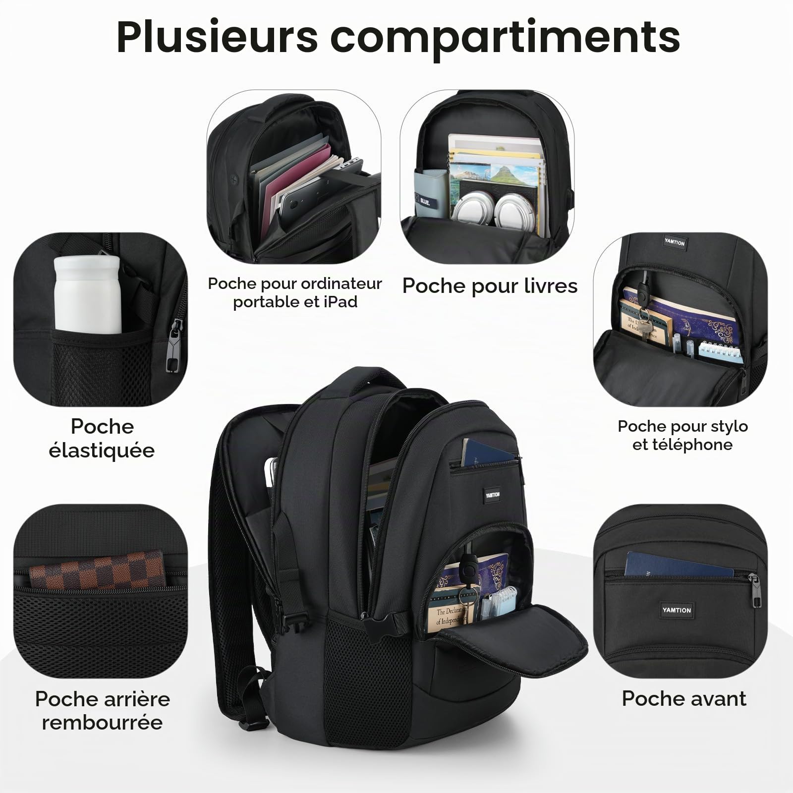 YAMTION Sac à Dos Homme, Sac à Dos Ordinateur Portable 17.3 Pouces, Sac à Dos PC Portable pour Loisir, Scolaire, Affaire