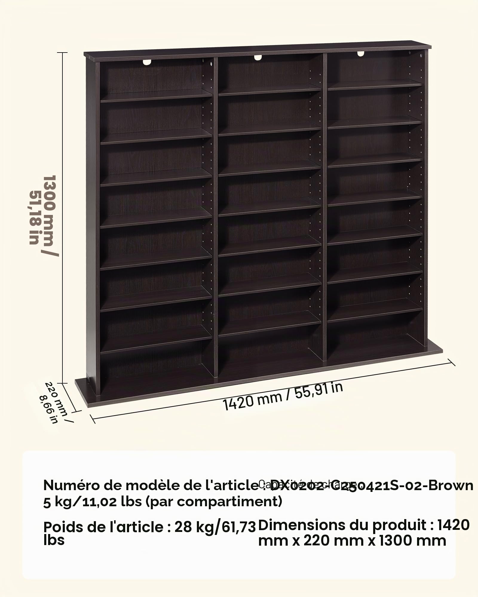 VEVOR Bibliothèque Étagère, Meuble de Rangement Multimédia à 8 Niveaux 70x30x140 cm, Armoire Bibliothèque pour CD, DVD, Livres, Jeux, Collections, Étagères Réglables pour Bureau Chambre Salon Marron