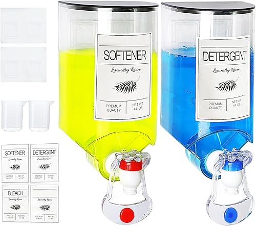 Paquete de 2 dispensadores de jabón para lavandería, dispensador de detergente montado en la pared, dispensador de suavizante de tela, dispensador