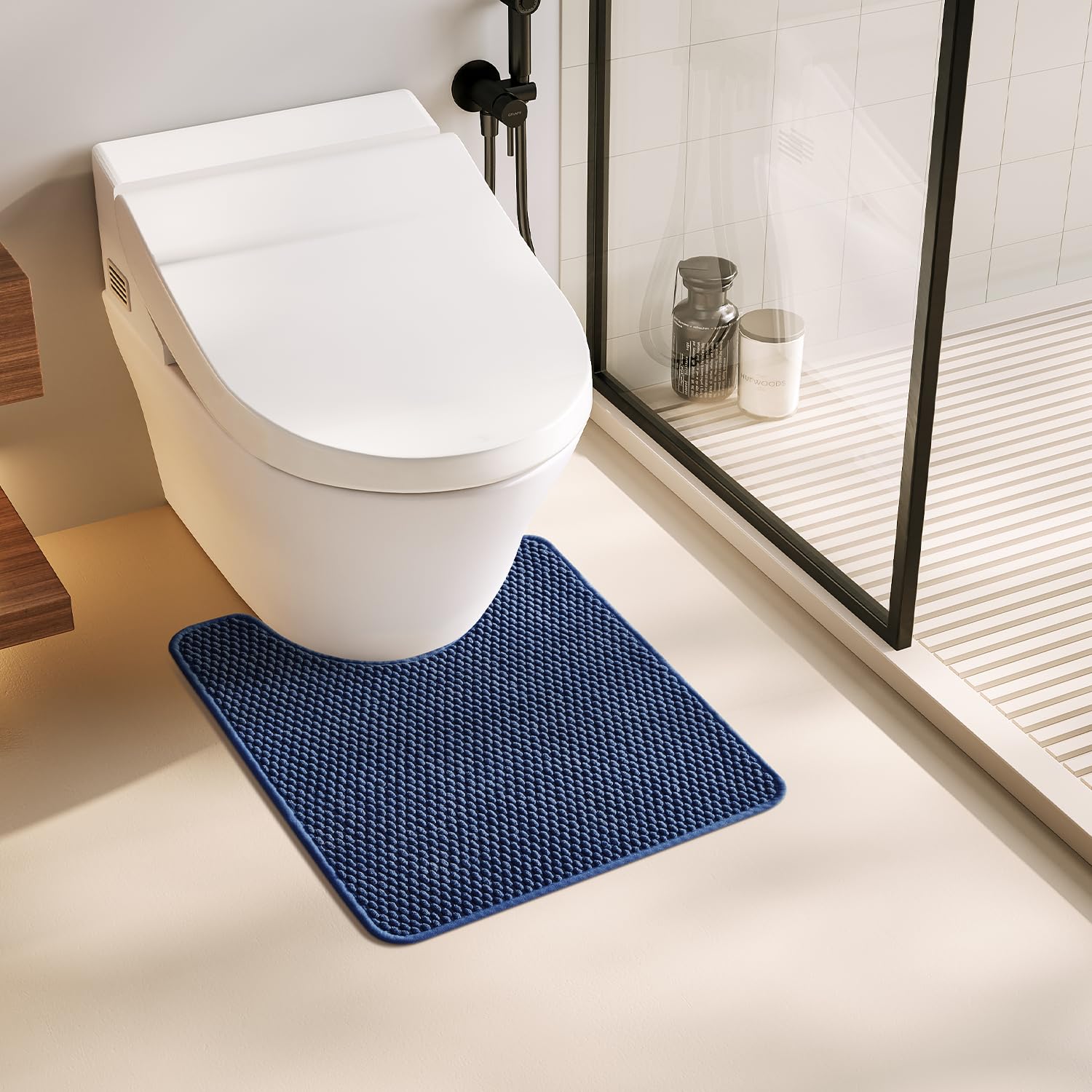 TYUU Toilet Rug, Thin Toilet Rugs U Shaped Washable Non Slip Absorbent Quick Dry Low Pile Toilet Mat, Navy Blue 20"x24" U Shape