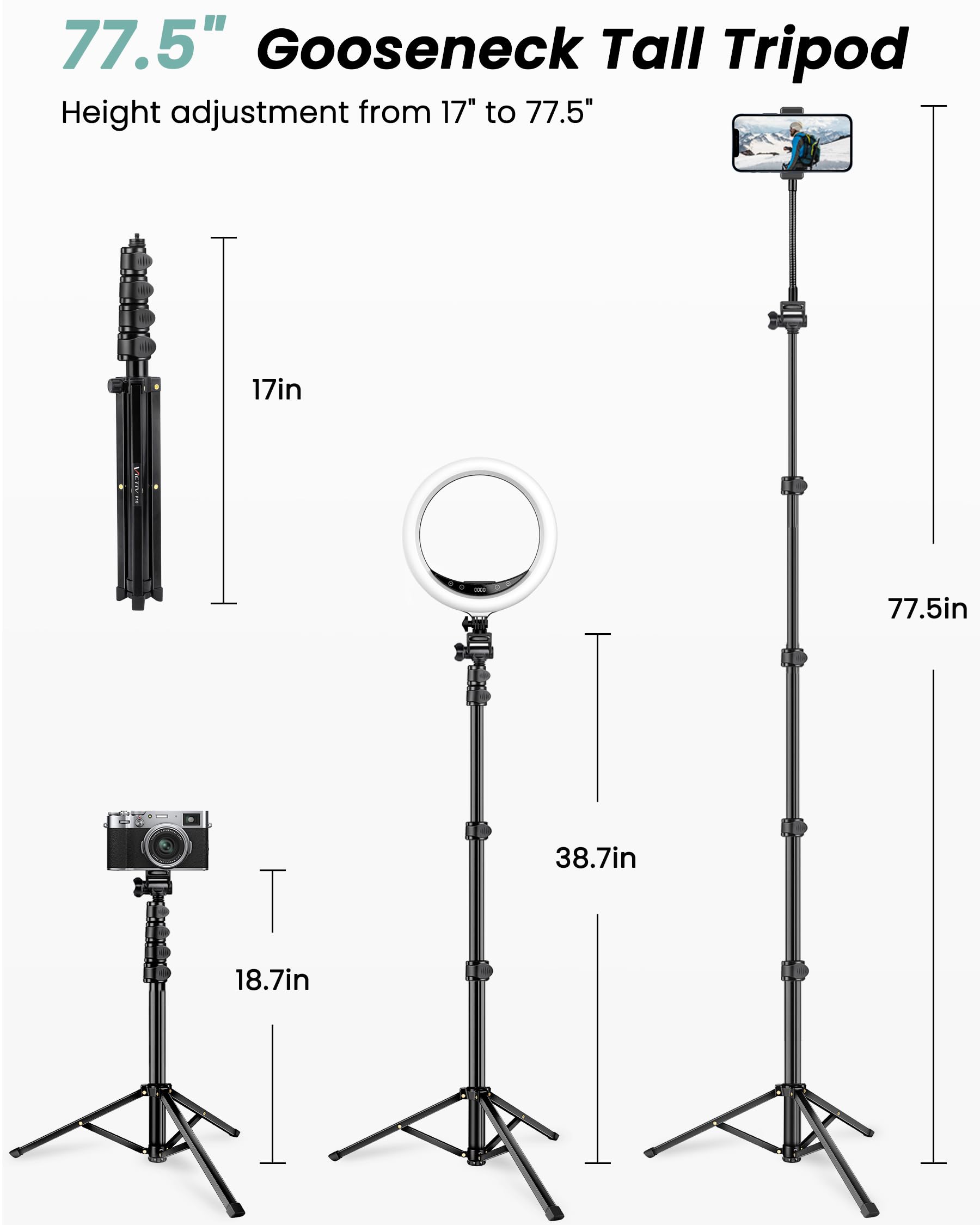 Victiv 197cm Hoch Handy Stativ, Flexibel Overhead Smartphone Stativ, mit 25cm Verstellbarer Schwanenhals, Fernauslöser für Selfies, Aluminium Kamera Phone Tripod für Sony DSLR & iPhone17 16 15 Pro Max