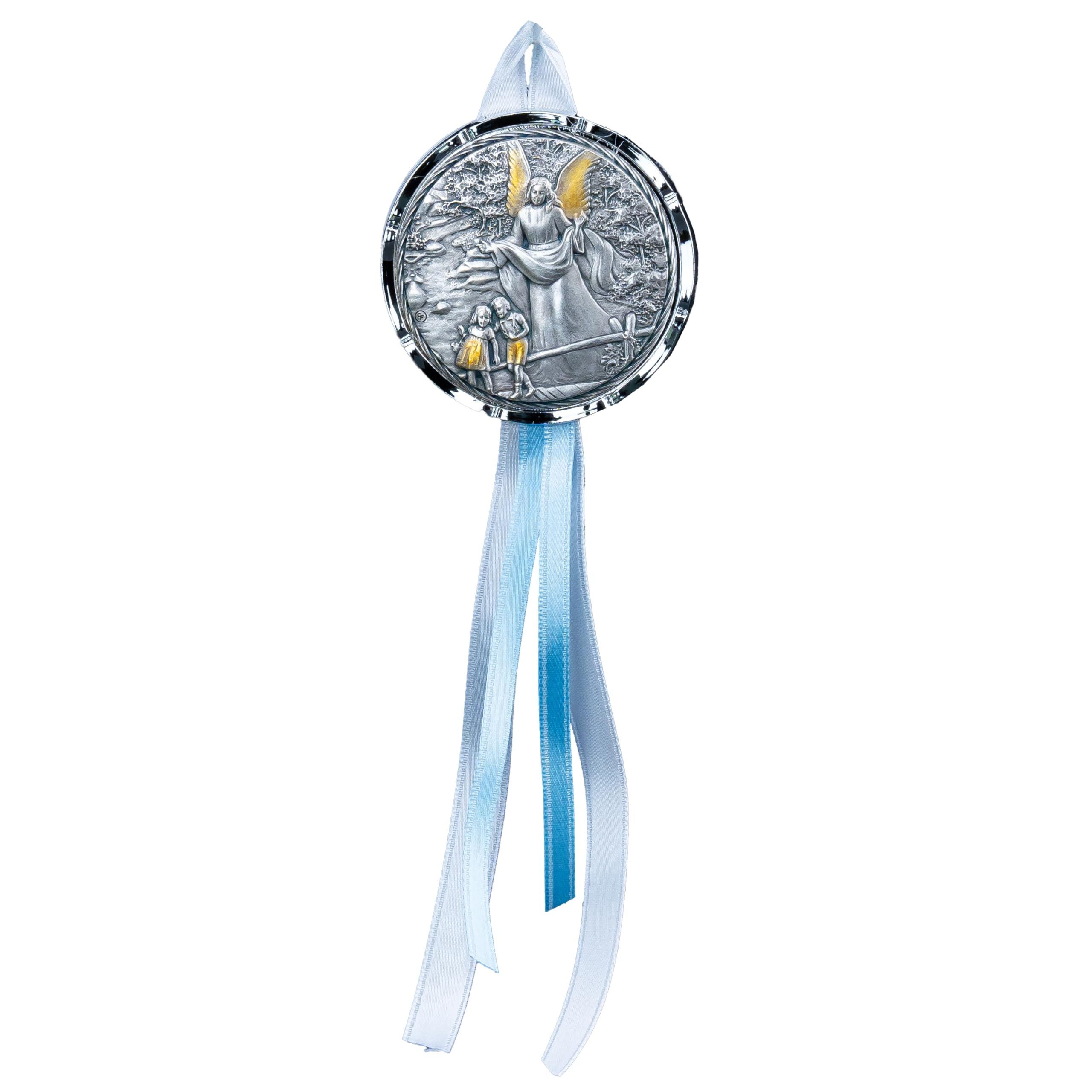 Guardian Angel Crib Medal, Round Decorated with Silk Blue Ribbon