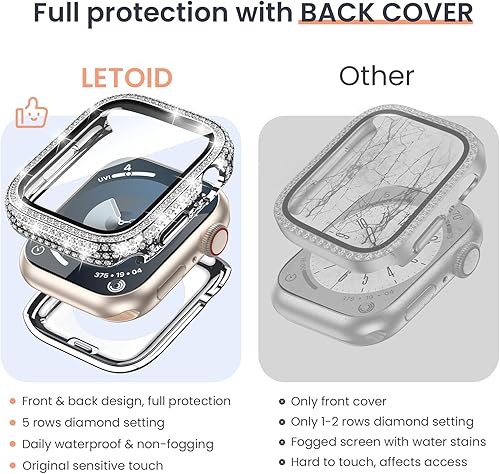 Miniatura 3 de LETOID Funda protectora de pantalla impermeable brillante de 1.772 in para Apple Watch Series 9, 8, 7, 2 en 1, cubierta frontal y trasera,
