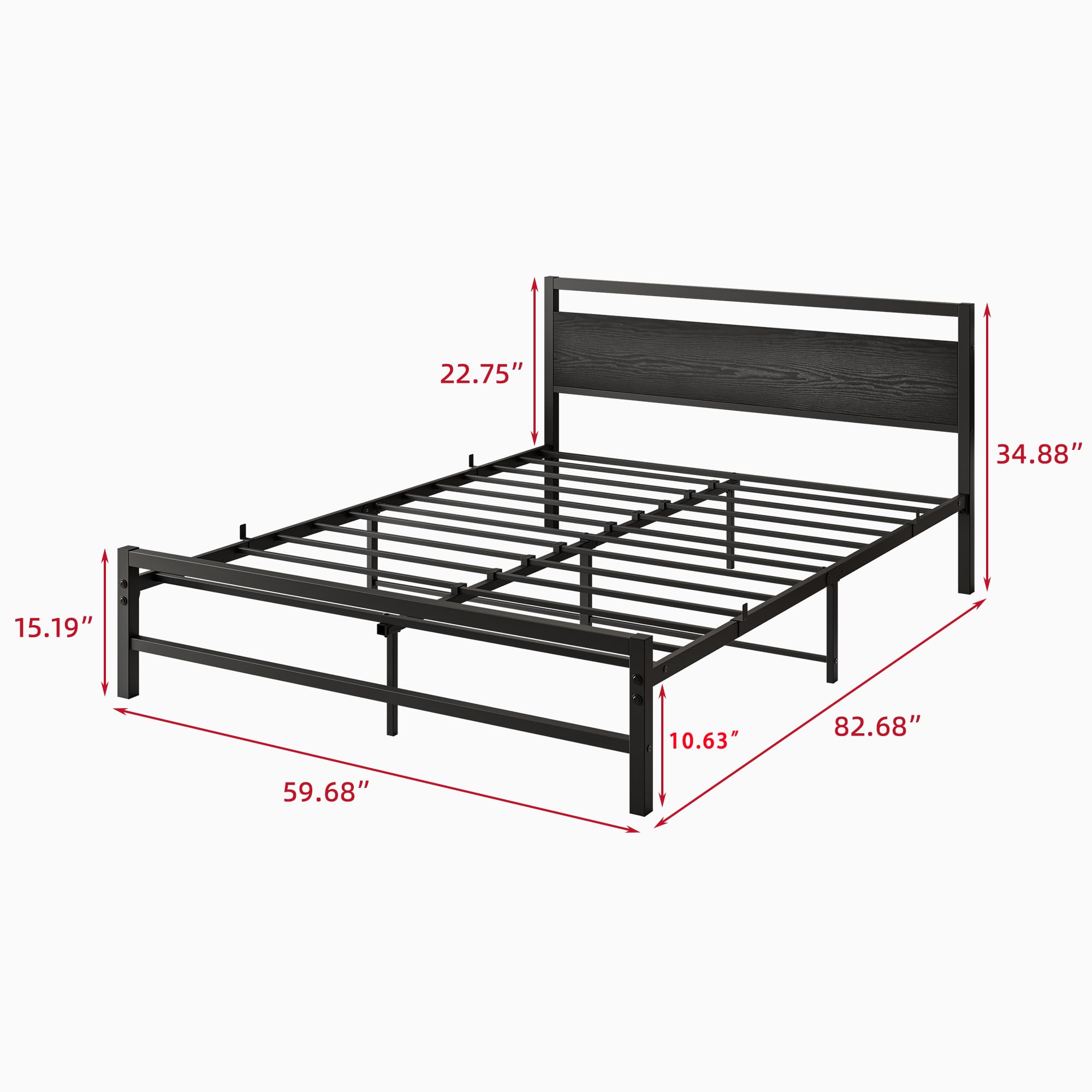 FOUBAM Queen Size Bed Frame with Black Wood Headboard,Heavy Duty Platform Bed Frames with Storage No Box Spring Needed,Reinforced Steel Square Pipe Mattress Foundation Noise Free, Black