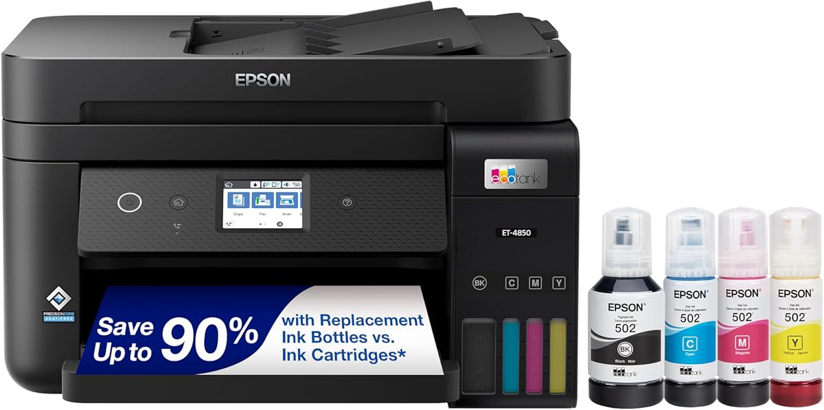Epson EcoTank ET-4850 Impresora inalámbrica a color todo en uno Supertank - Blanco | Impresión, escaneo, copia, fax sin cartucho; hasta 15,5 ppm, ADF, auto a 2 caras; ideal para el hogar y las oficinas pequeñas