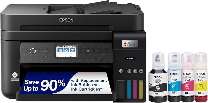 Epson EcoTank ET-4850 Impresora inalámbrica a color todo en uno Supertank - Blanco | Impresión, escaneo, copia, fax sin cartucho; hasta 15,5 ppm, ADF, auto a 2 caras; ideal para el hogar y las oficinas pequeñas