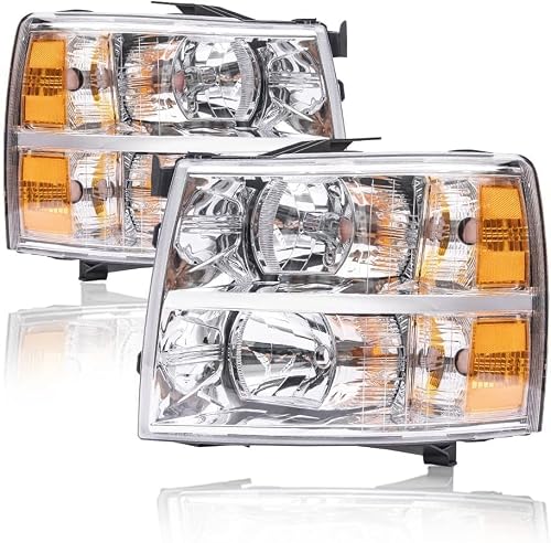 CHEDA Headlights Assembly Compatible with 07-13 Chevy Silverado 1500/ Fit 07-14 Chevy Silverado 2500 3500&HD Headlamp (Clear lens Chrome Housing Amber Reflector, Basic Style) Faros Conjunto De Faros