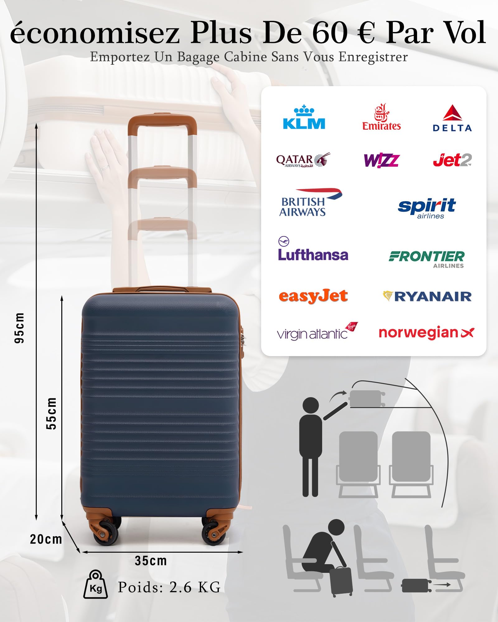 COOLIFE Valise Cabine 55 x 35 x 20 cm pour Avion Ryanair, Bagages Cabine Bagage à Main Rigide avec Serrure TSA et 4 roulettes Jumelées