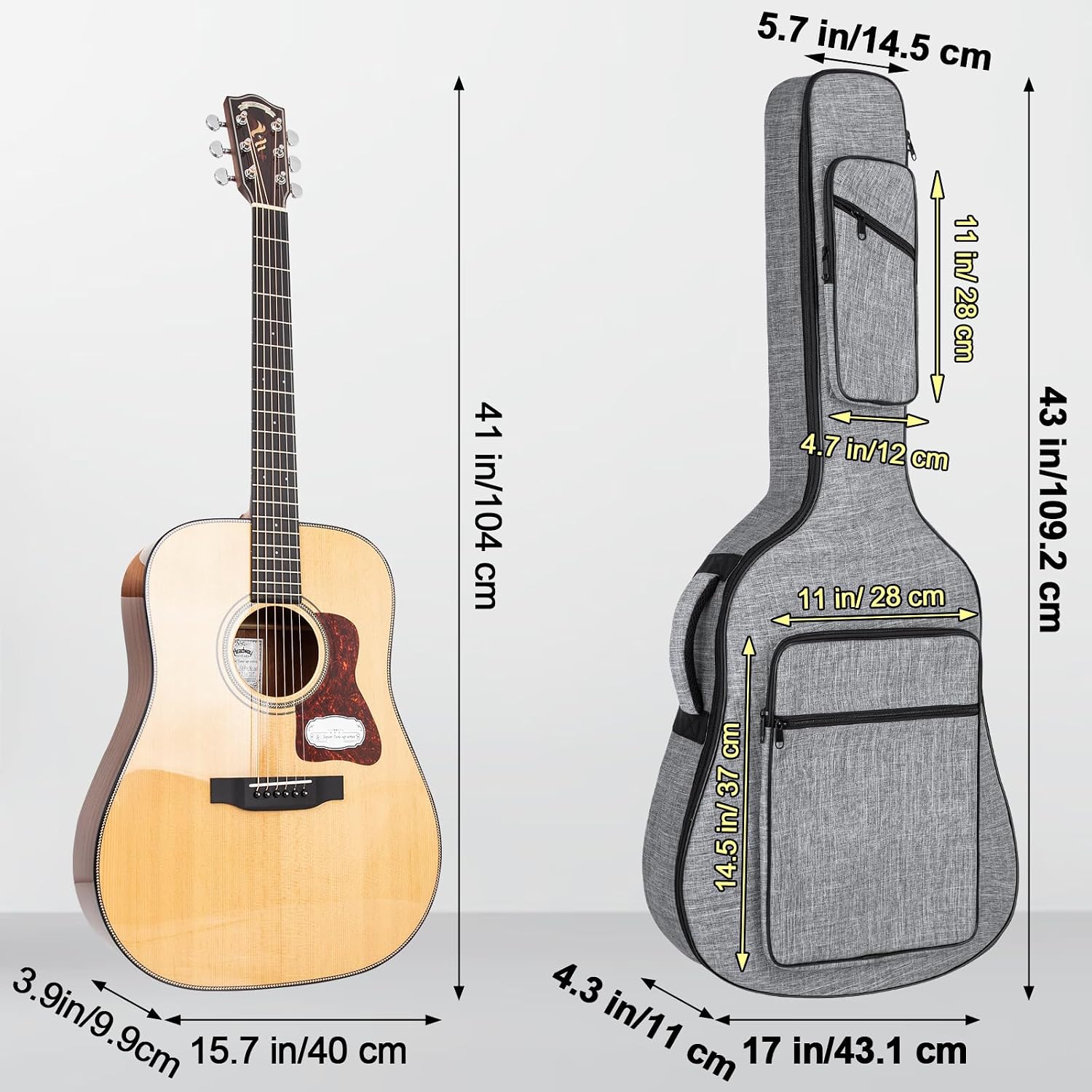 Acoustic guitar case, 39 40 41 Inch Acoustic Guitar Bag 0.45 Inch Thick Padded Gig Bag with Neck Strap, Acoustic Guitar Backpack Case with Reinforced Handles and Pockets, Grey