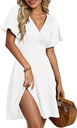 AUSELILY Summer Dress for Women - Lady Wrap Ruffle Short Sleeve V Neck Floral Beach Cross Front Dress