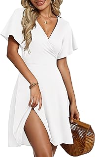 Summer Dress for Women - Lady Wrap Ruffle Short Sleeve V Neck Floral Bea...