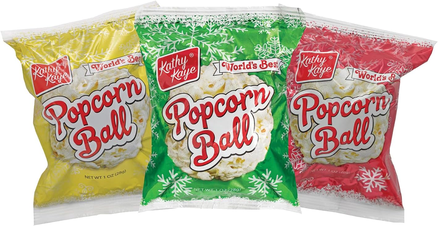 Fun Express Christmas Popcorn Ball Snack Packs - 18 Individual Bags of Sweet Holiday Treats | Perfect Stocking Stuffers, Party Favors & Goodie Bag Fillers for Kids & Adults | Festive Red & Green