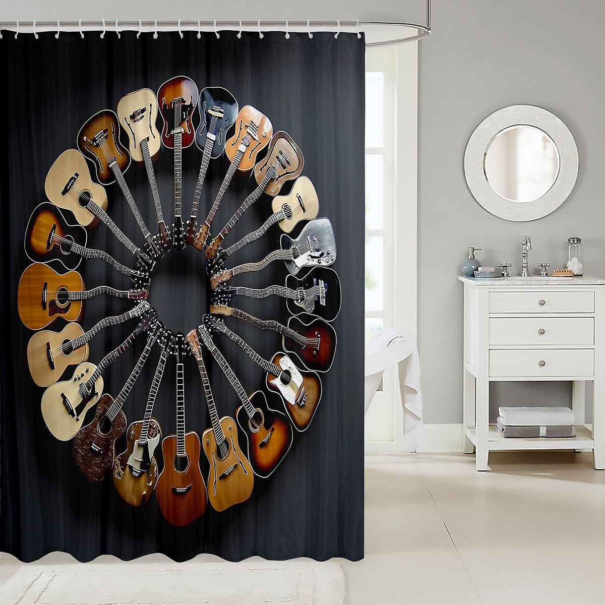 Erosebridal Round Guitar Shower Curtain Set | Musical Instruments Bath Curtain 72" Wx72 L, Music Notes Modern Rock Grunge Hip Hop Bathroom Accessories image 2