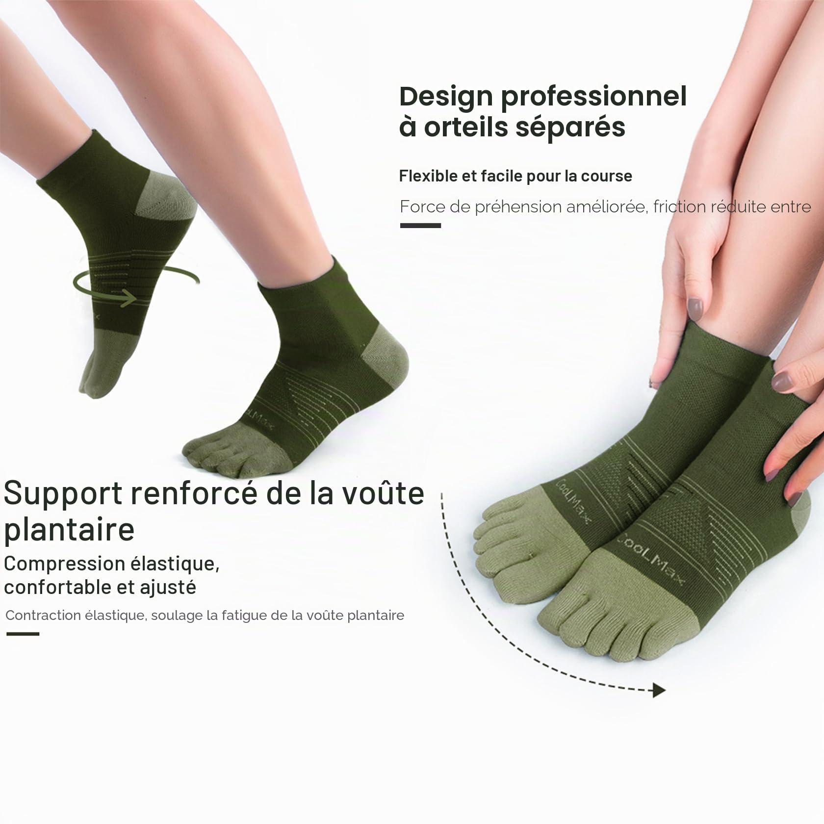 Chaussettes Invisibles Coolmax à Orteils Séparés - 3 Paires Low-Cut Anti-Dérapantes pour Running