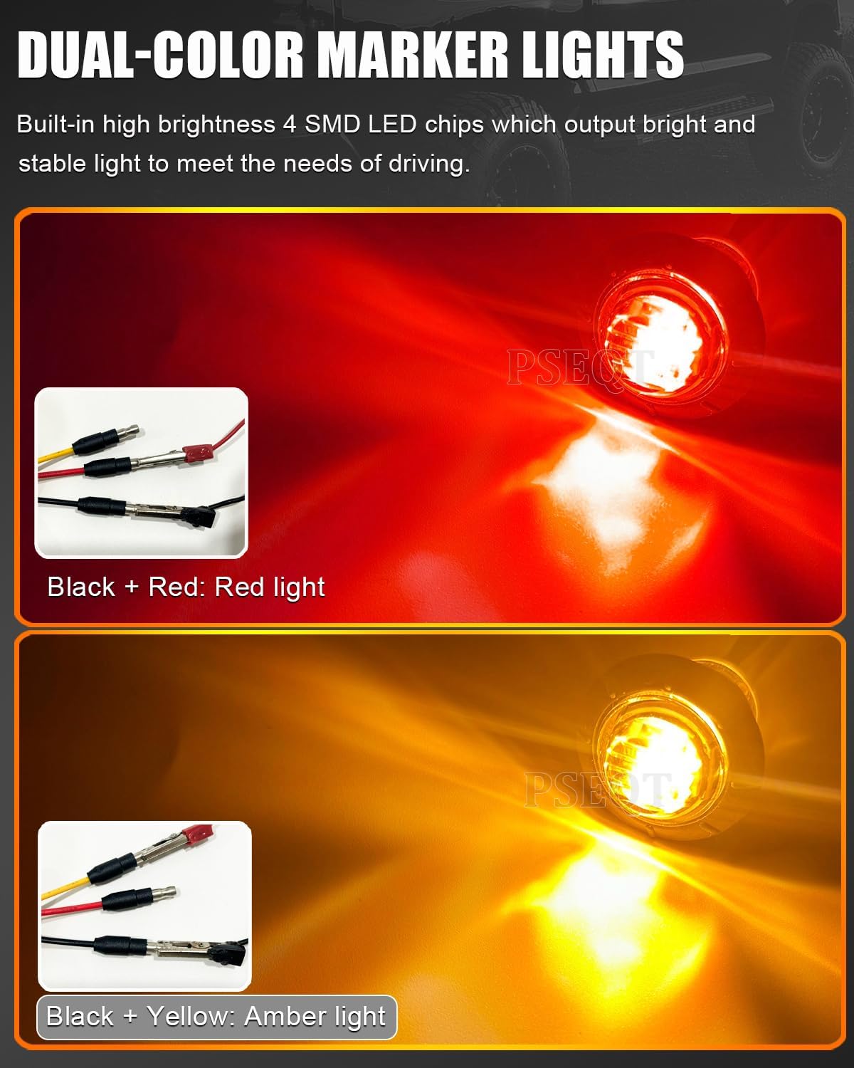 PSEQT 3/4'' Trailer LED Marker Lights Amber to Red Dual Color Side Clearance Brake Stop Turn Signal Lights Waterproof 12V Round Bullet Clear Light for Trailer Truck Pickup ATV UTV RV Van Bus, 10Pcs