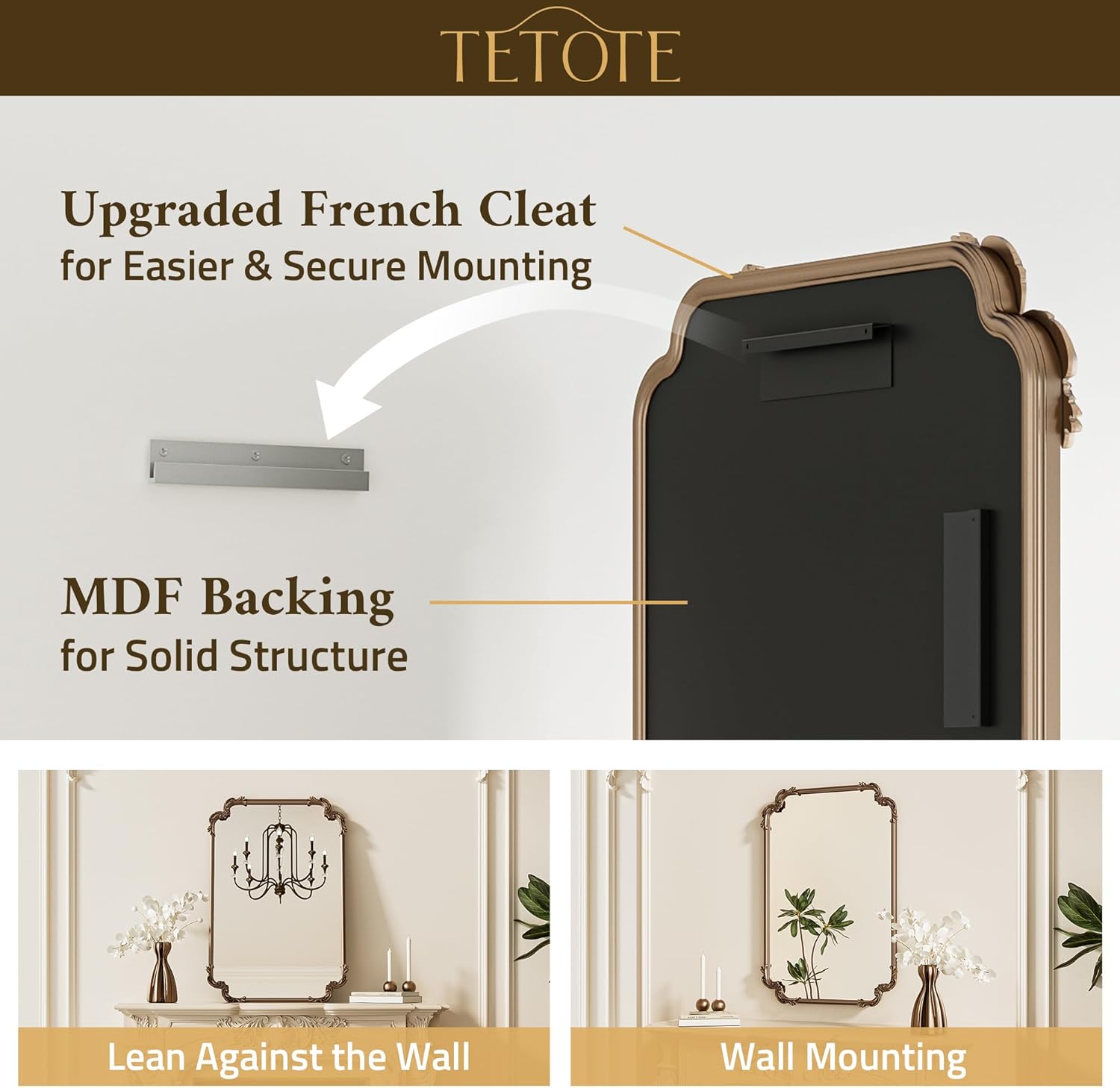 TETOTE Vintage Baroque Gold Rectangle Mirror for Wall 22 x 30 Antique Brass Scroll Frame French Mantle Mirror for Fireplace Bathroom Living Room Bedroom Decor, Horizontal/Vertical