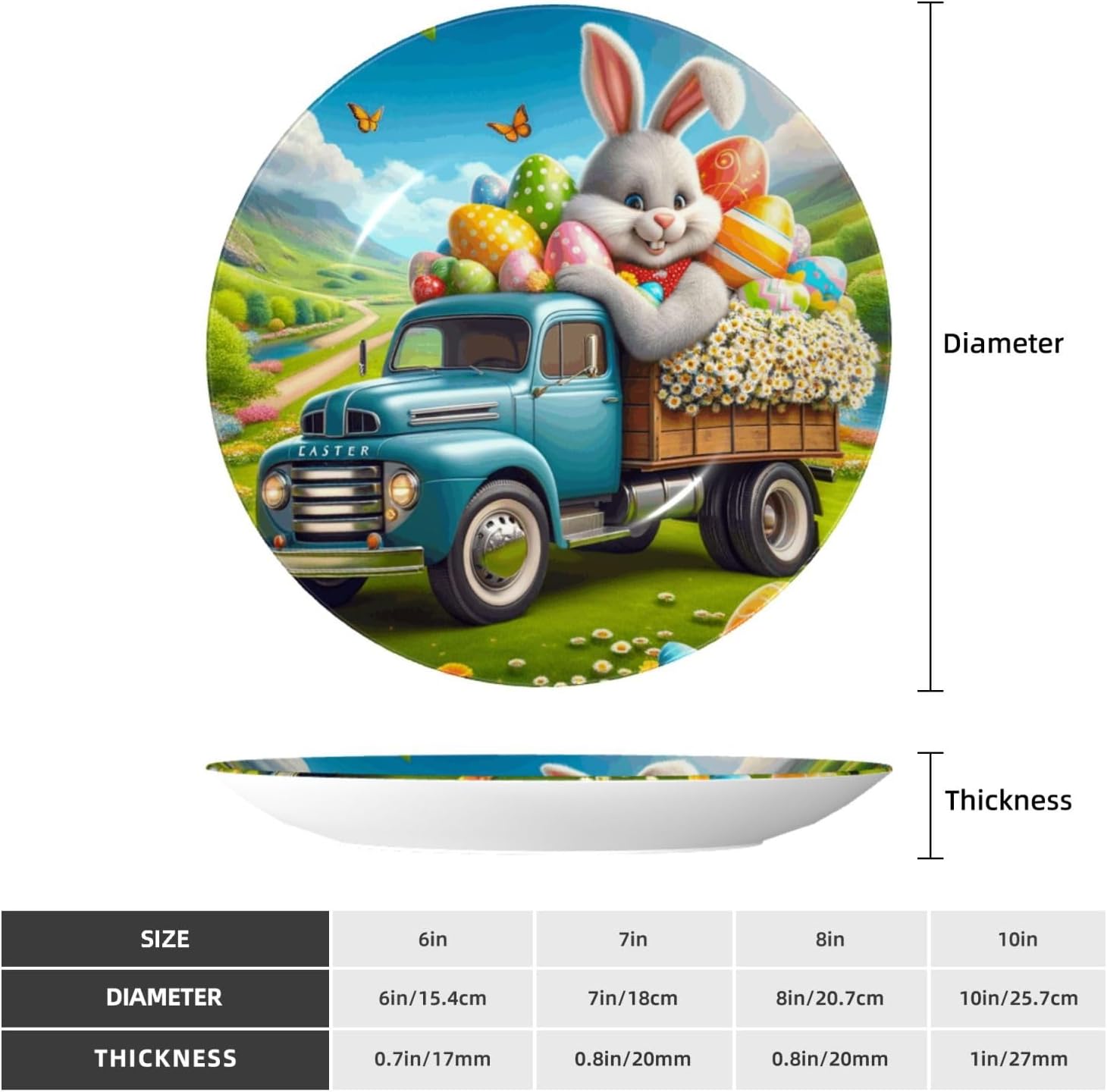 Easter-Rabbit-Daisies-Eggs 10 Inch Decorative Plate With Stand, Elegant Display Wall Plate For Home Decor