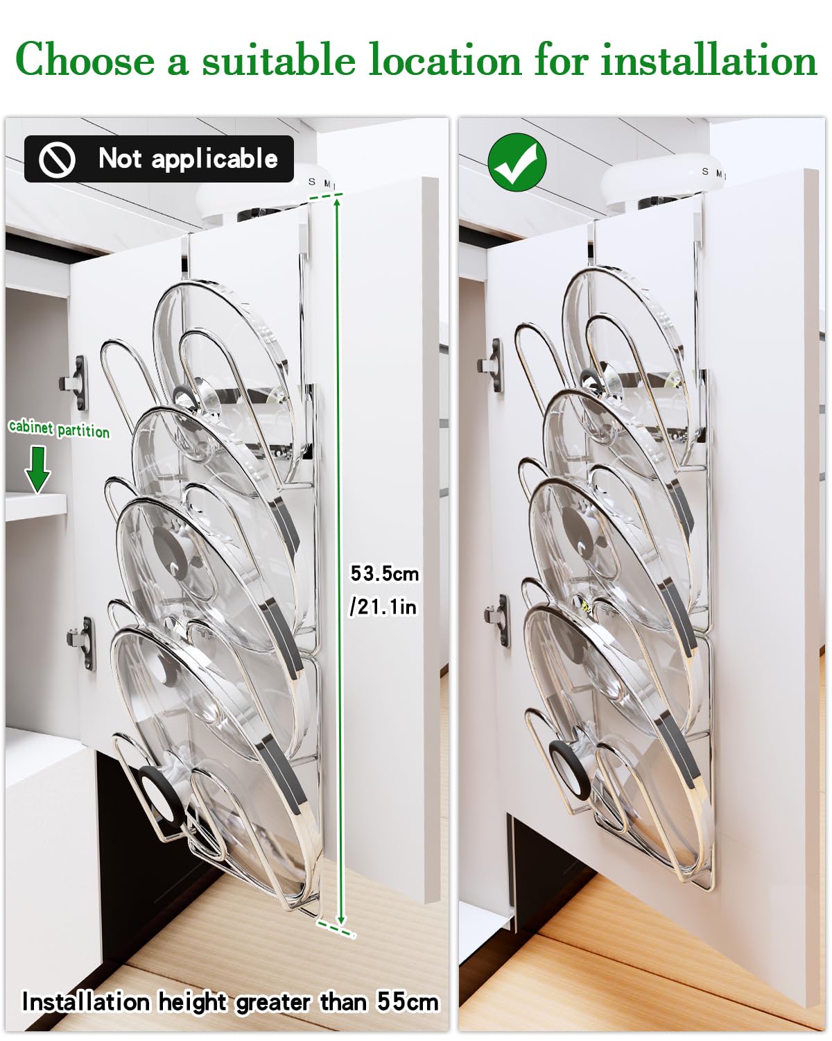Organizador de tapa de olla de 4 niveles, organizador de tapa de puerta de armario, soporte de tapa de puerta para almacenamiento de tapas de cocina, acero inoxidable resistente y duradero, para