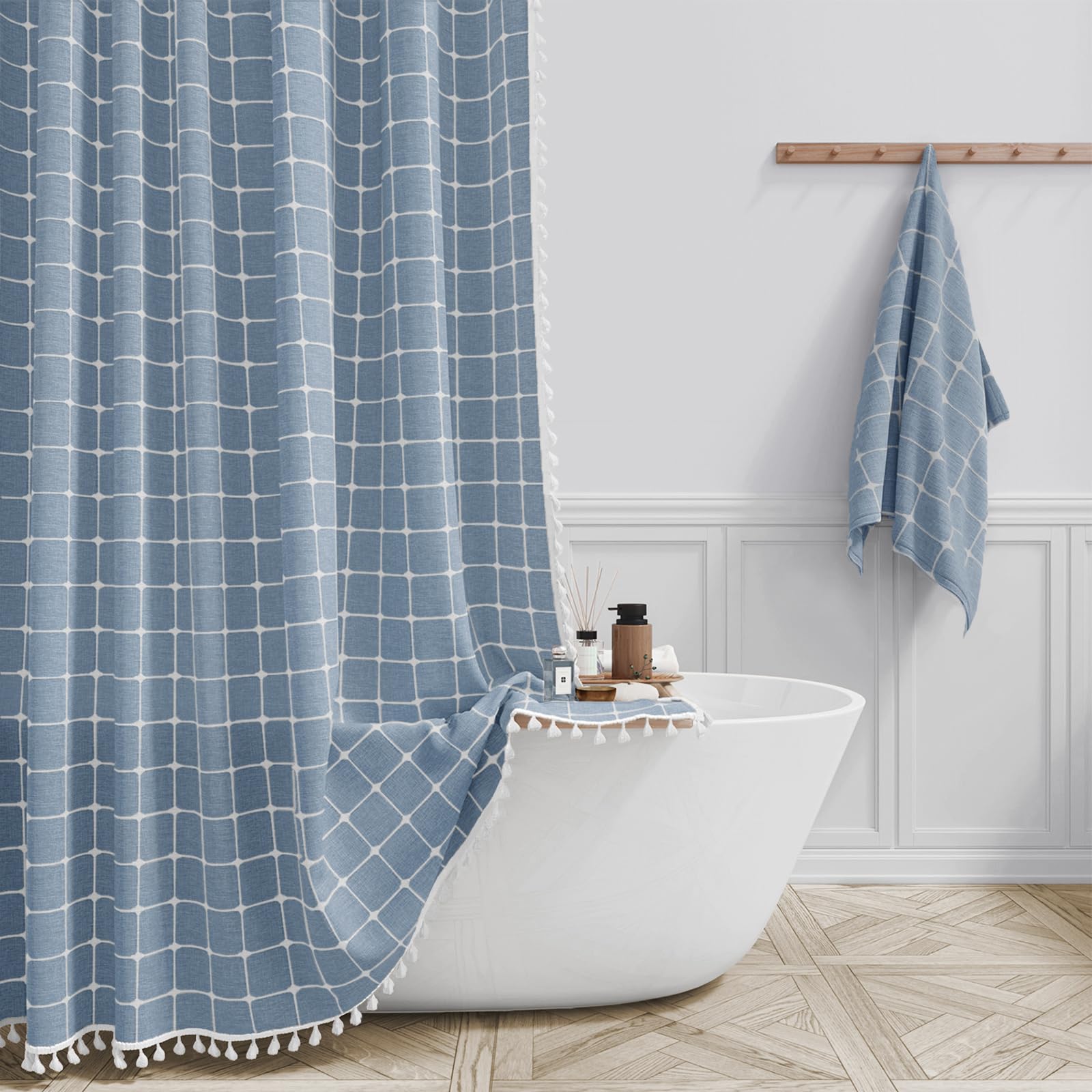 Boho Shower Stall Curtain - 36x72 Narrow Linen Ultra Thick Tassel Fabric Shower Curtain Set with 6 Plastic Hooks, Half Modern Farmhouse French Country Weighted Shower Curtains for Bathroom - Blue
