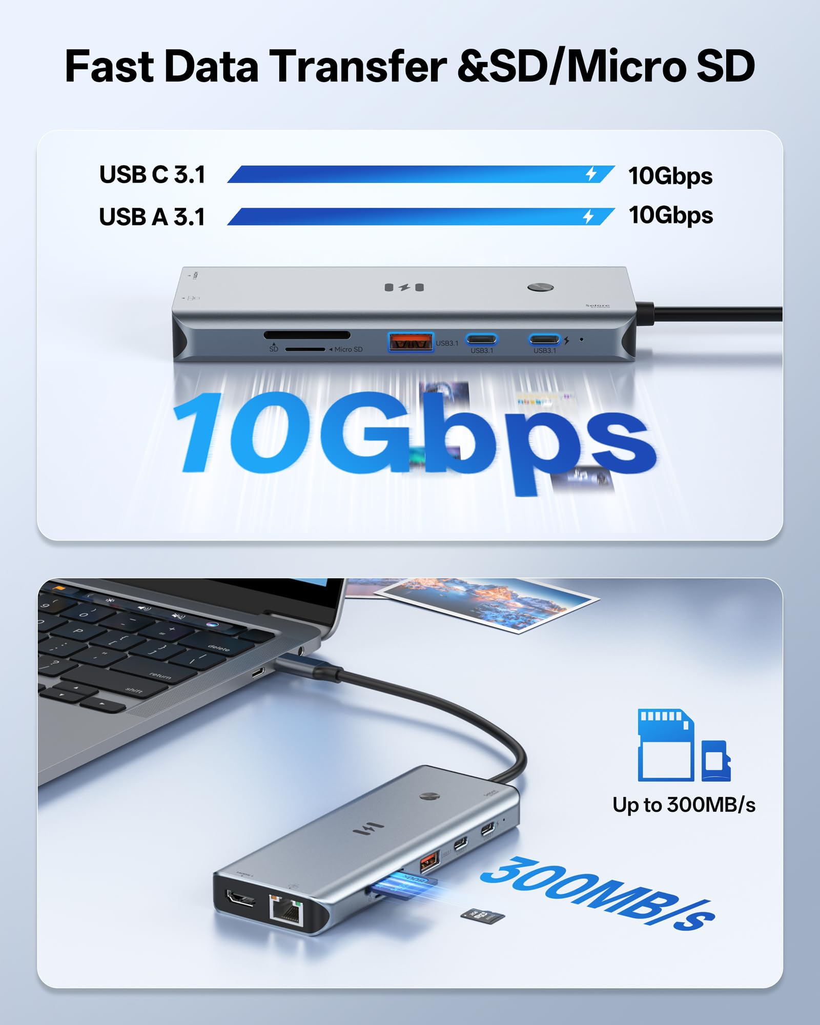 Stacja dokująca USB C 3 HDMI, 12 w 1, 3 monitory, potrójny wyświetlacz, 100 W PD, 10 Gbps USB A/C 3.1, RJ45 Ethernet, czytnik kart SD/TF do Dell/HP/Lenovo