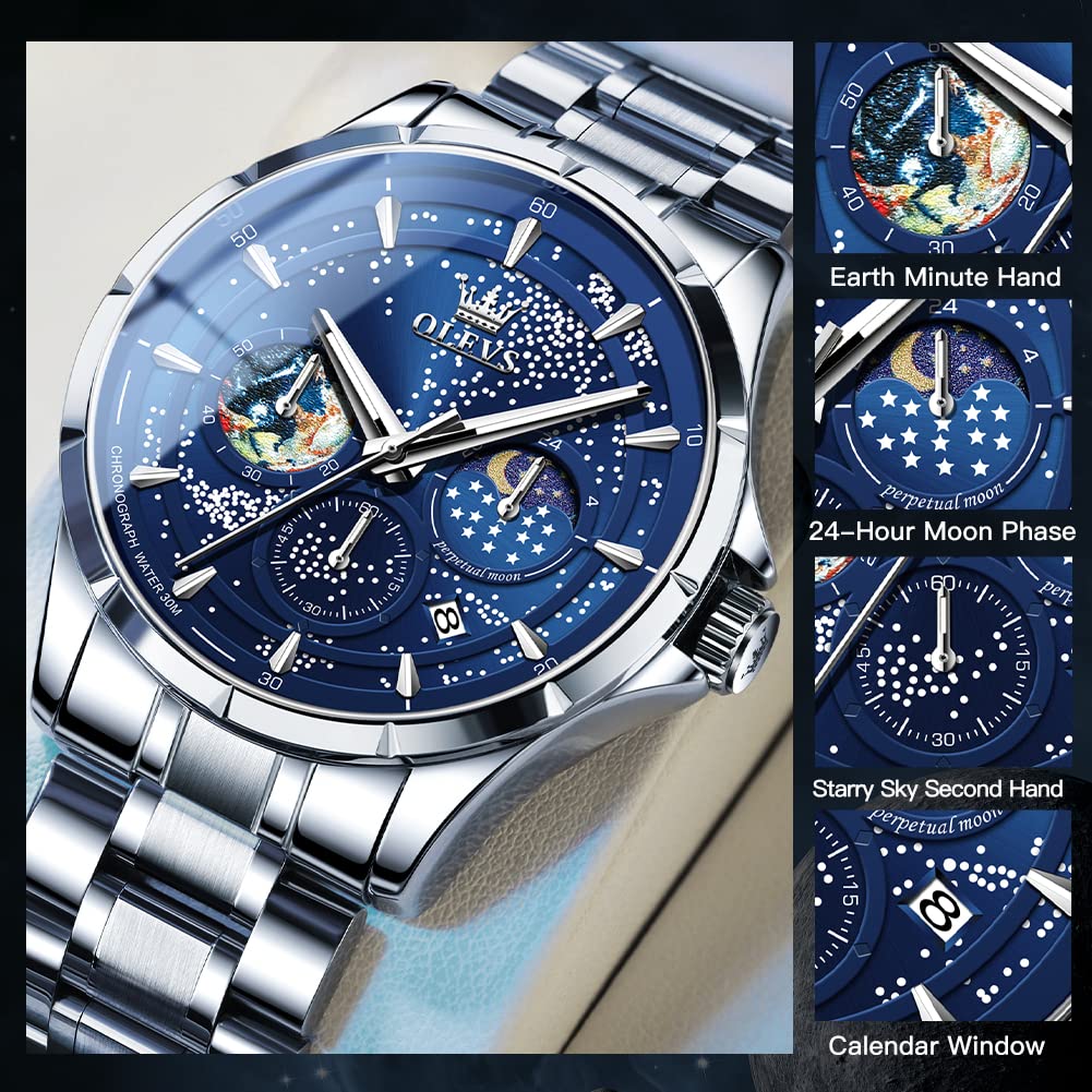 OLEVS Montre pour homme avec cadran à quartz analogique et motif ciel étoilé et lune - Étanche et lumineuse, Bracelet argenté cadran bleu, Montres à quartz