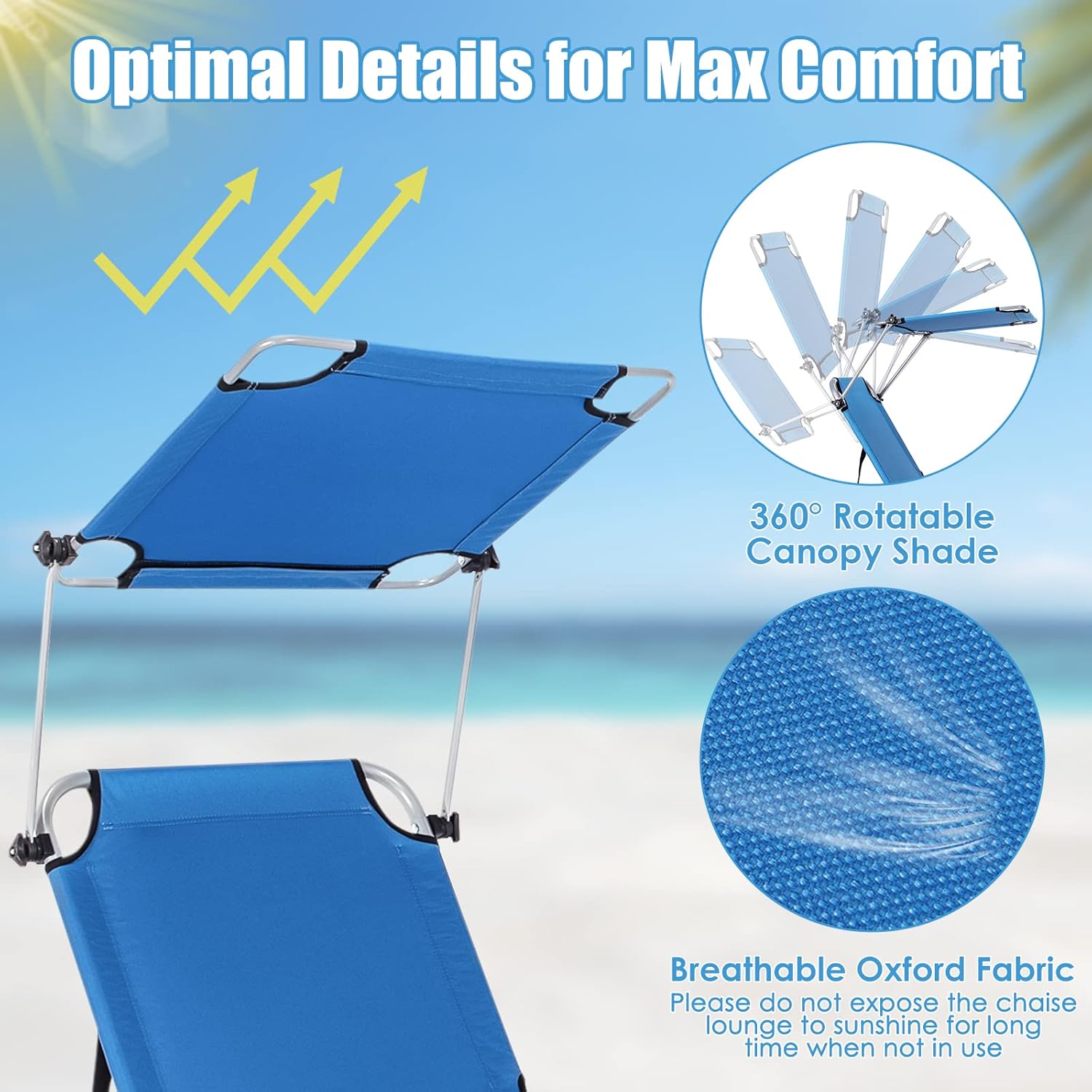 GYMAX Tanning Chair, Beach Lounge Chair with Canopy Sunshade, Carry Handle & Pocket, 5 Level Adjustable Layout Chaise Lounge for Outside, Folding Sunbath Chair for Outdoor, Patio, Poolside (1, Blue)