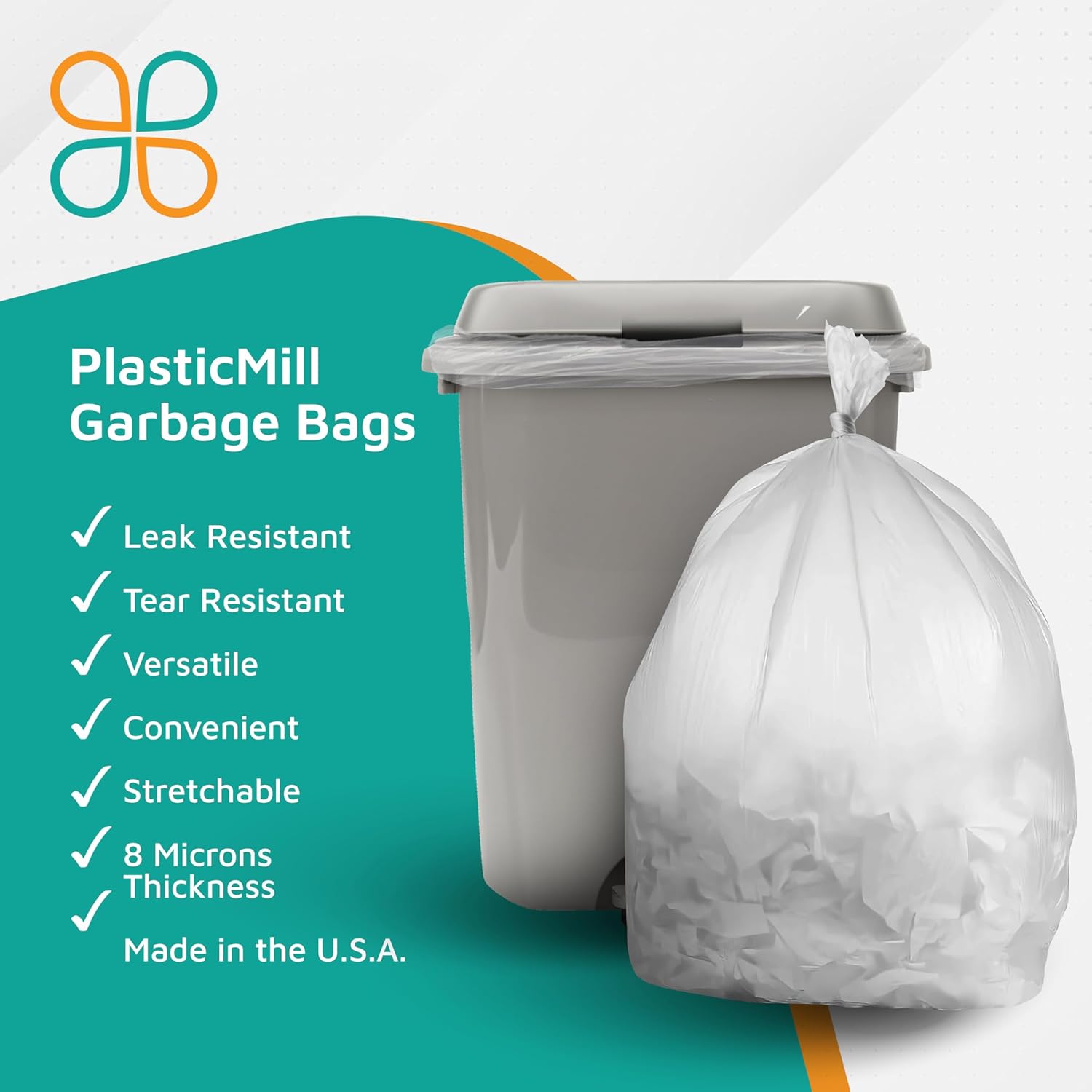 PlasticMill Heavy Duty Trash Bags - Clear Garbage Bags - Plastic Trash Bags - Kitchen, Bathroom, Office Garbage Bags, Trash Can Liners - 20-30 Gallon, 8 Microns, 30"x37" (500-Count)