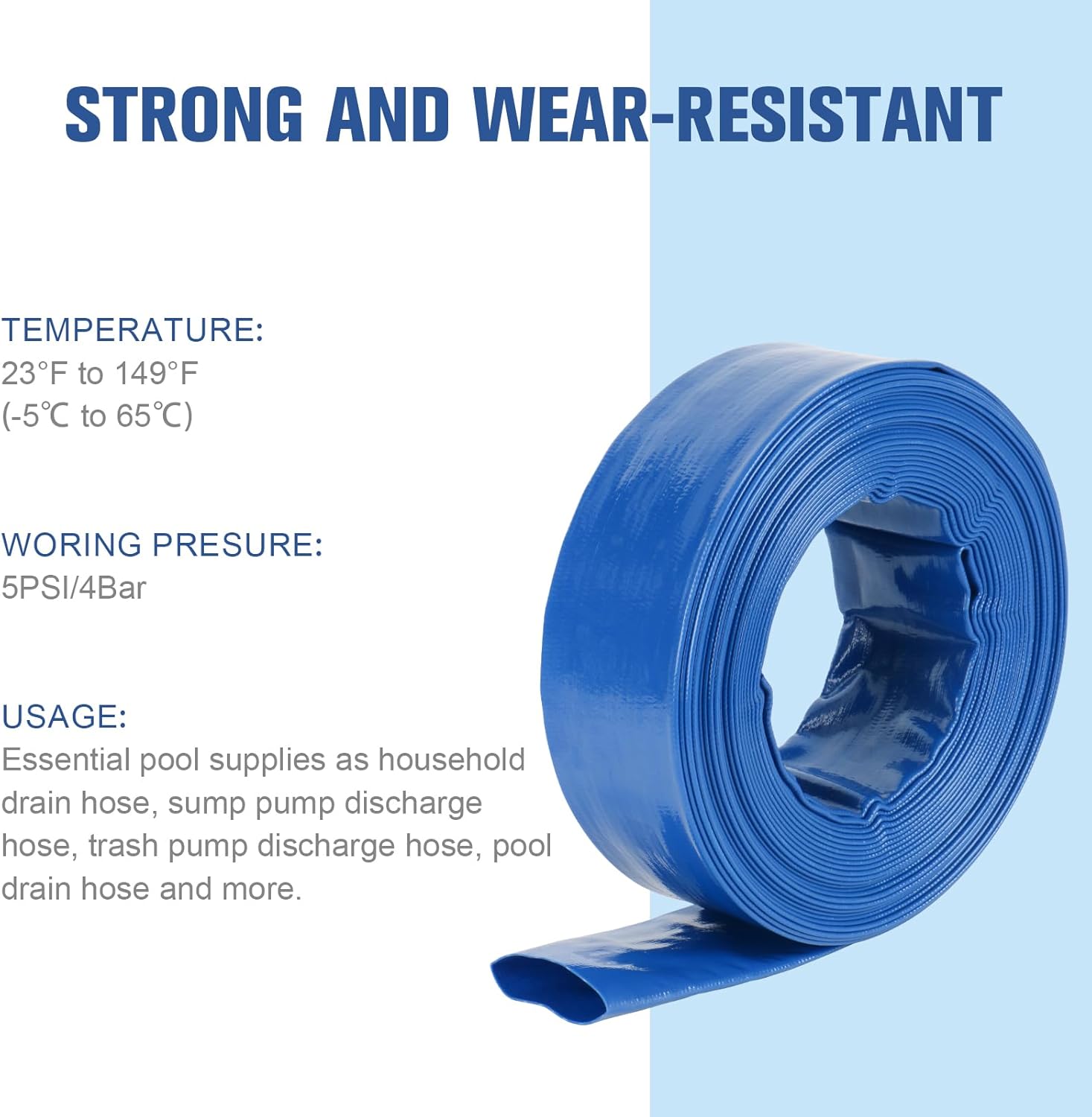 NEAGLORY 2" x 100 FT Pool Backwash Hose, Heavy Duty Flat Discharge Hose, Reinforced Discharge Hose with Clamp, Weather and Burst Resistant, Drain Clean Swimming Pools and Filters for Inground Pools