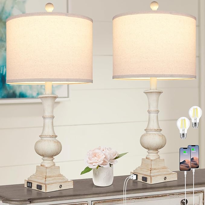 Lámparas de Mesa Rústicas 26" con USB y Toque, Set de 2, Blanco miniatura 9