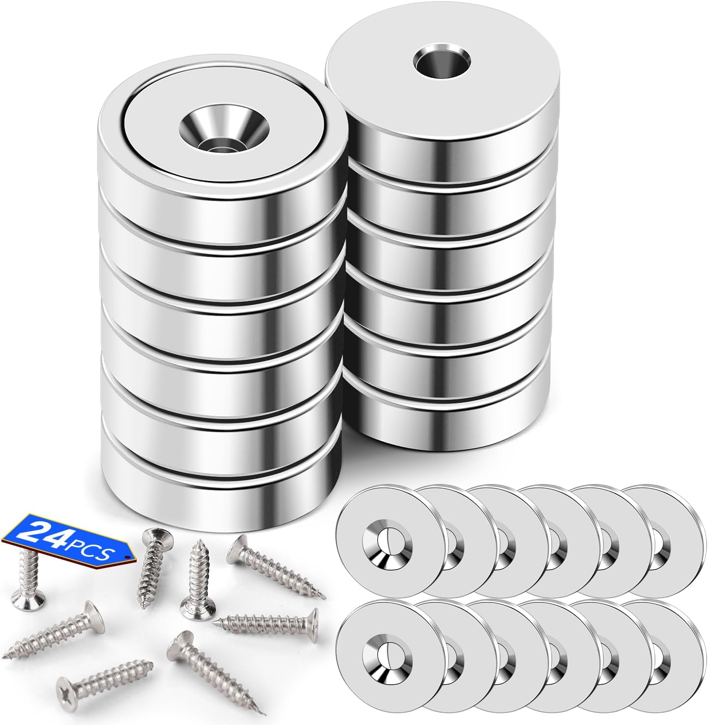 LOVIMAG 12 Pack Cabinet Magnets, Neodymium Cup with Countersunk Hole, 30lbs Strong Rare Earth for Doors, Holding Tools, Lifting, Hanging - 0.78 * 0.2 inch