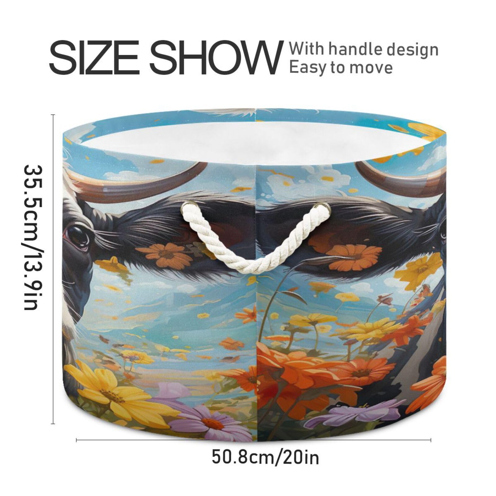 Round Cute Black and White Cow Flower Storage Basket Large Organizer Bin Laundry Hamper Toy Storage Basket with Handle for Nursery Clothes Toys 202b4885