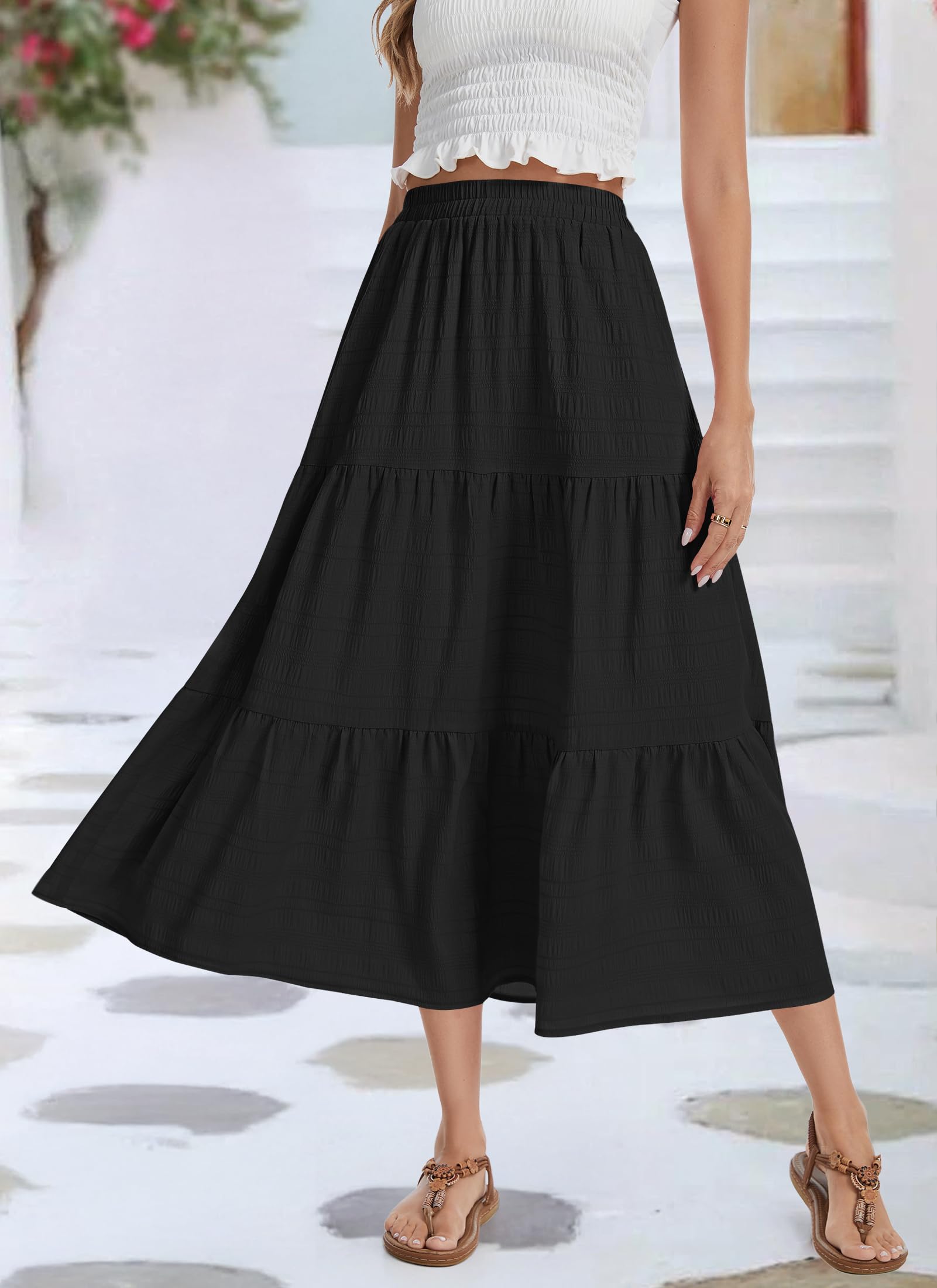 MOLERNAI Damen Rock Sommer Hohe Taille Einfarbig Maxirock Stufenrock Elegant A-Linie Freizeitrock Rock mit Taschen