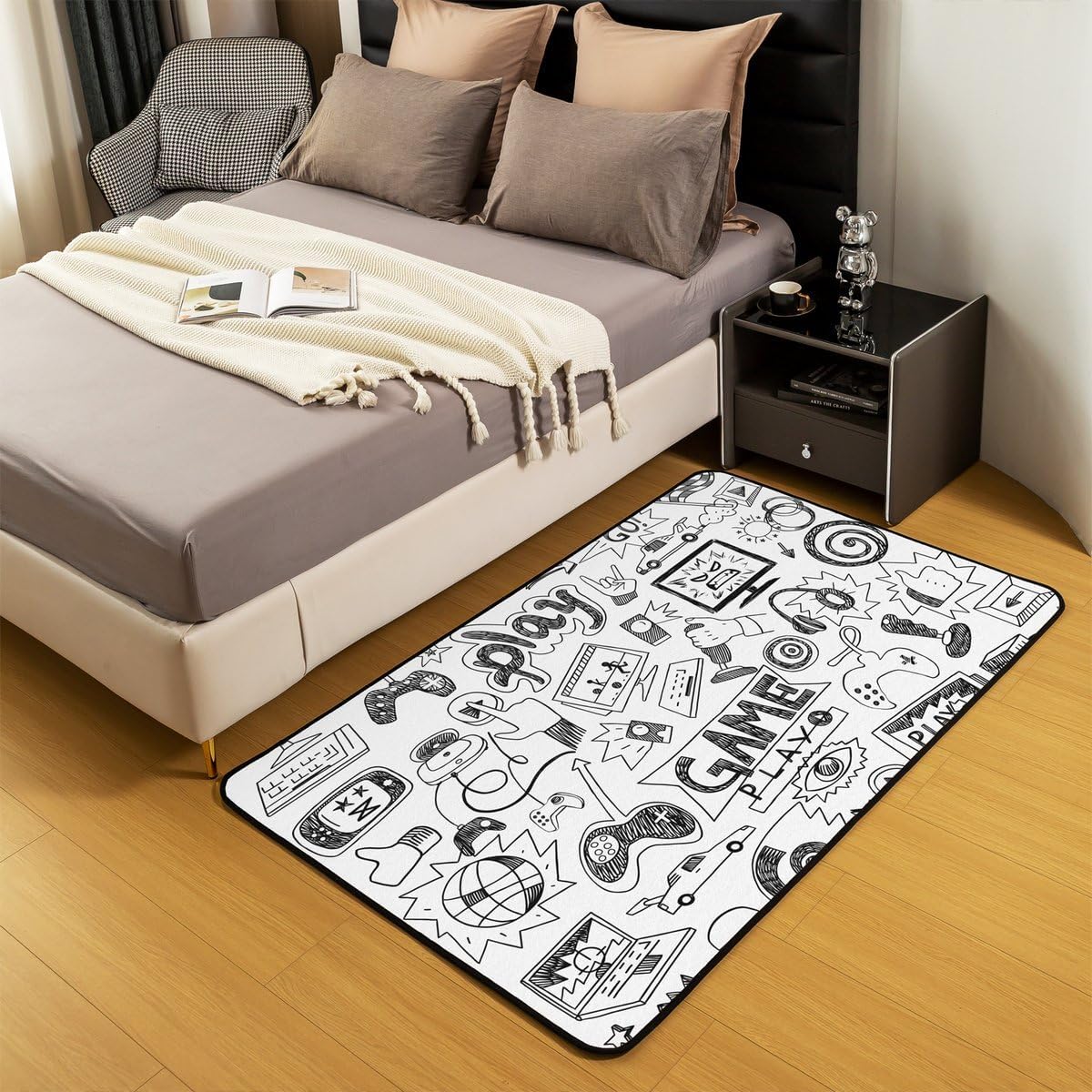 Erosebridal Gaming Carpet 4x5, Kids Gamepad Cartoon Area Rug, Video Games Gamers Rug, Hip Hop Graffiti Decorative Rug, Racing Car Accent Rug, Black White Printed Bedroom Playroom Decor
