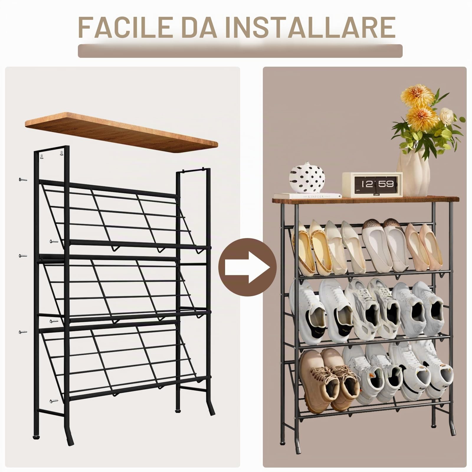 Scarpiera sottile in metallo, con 4 ripiani, impilabile, piccola scarpiera, organizzatore per 12-16 paia di scarpe, portascarpe per ingresso, corridoio, soggiorno, camera da letto