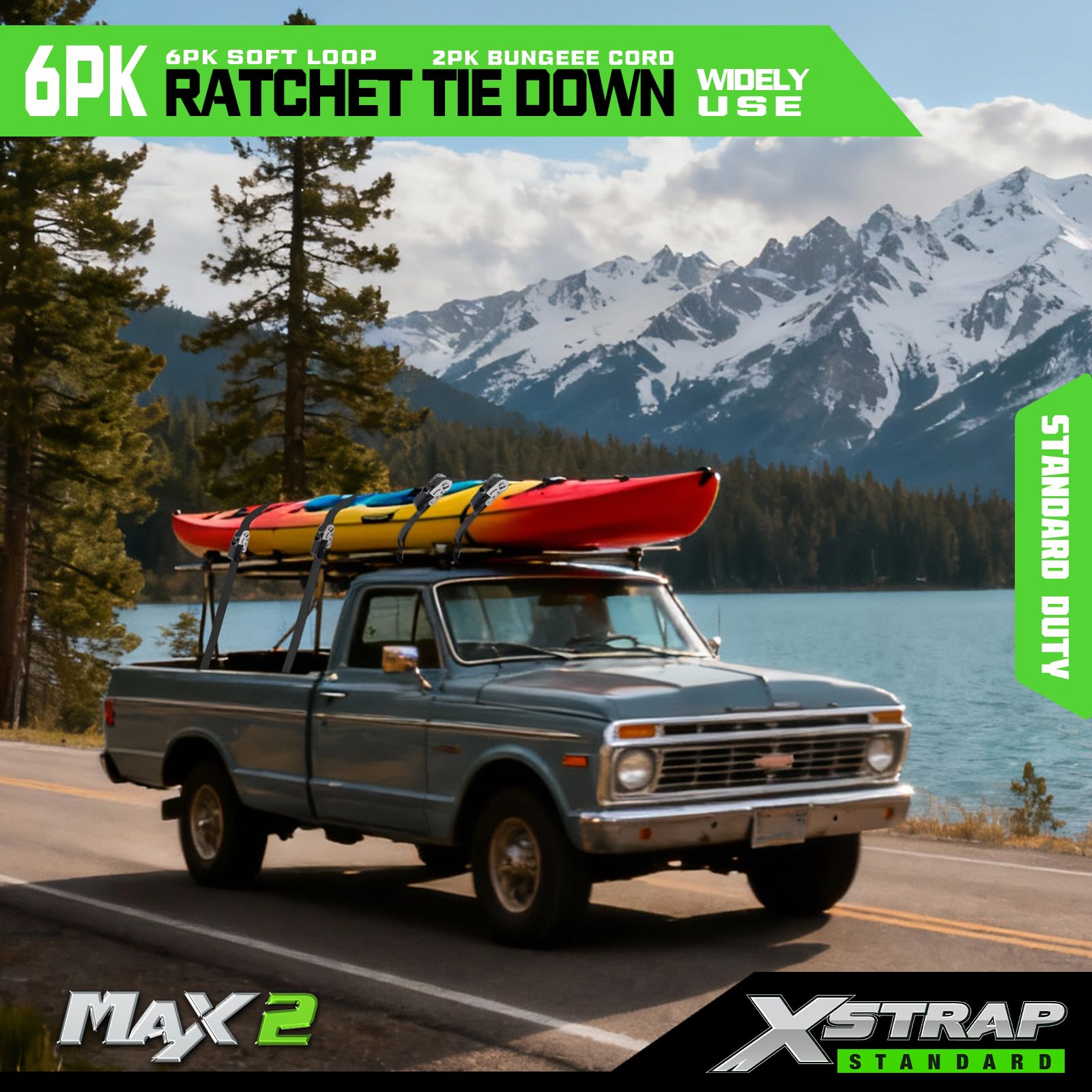 XSTRAP Standard Spanngurte mit Ratsche – 6 Stück, 2,5 cm x 4,8 m – 857 kg Bruchfestigkeit, Sicherheitsverriegelung, S-Haken, mit 6 weichen Schlaufen, 2 Bungee-Schnüre, logistische Cargogurte für