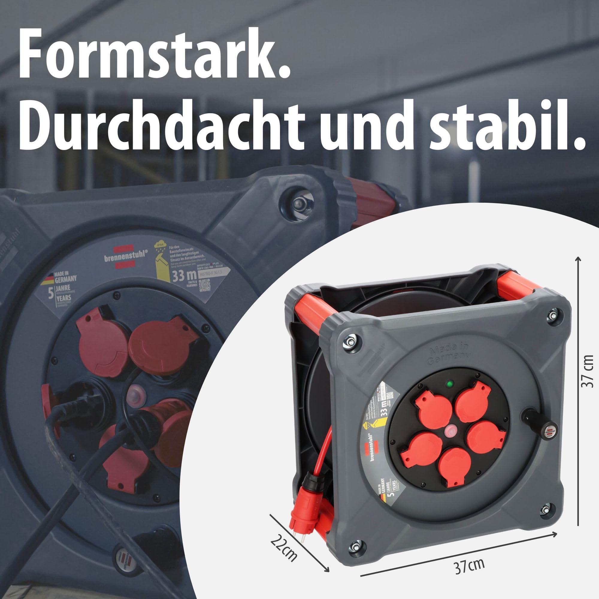 Brennenstuhl Avvolgicavo professionale per cantiere, KA 3110 5 IP44 (33 m H07BQ-F 3G1,5 cavo rosso, uso in cantiere e uso esterno permanente, 5 prese di sicurezza, Made in Germany)