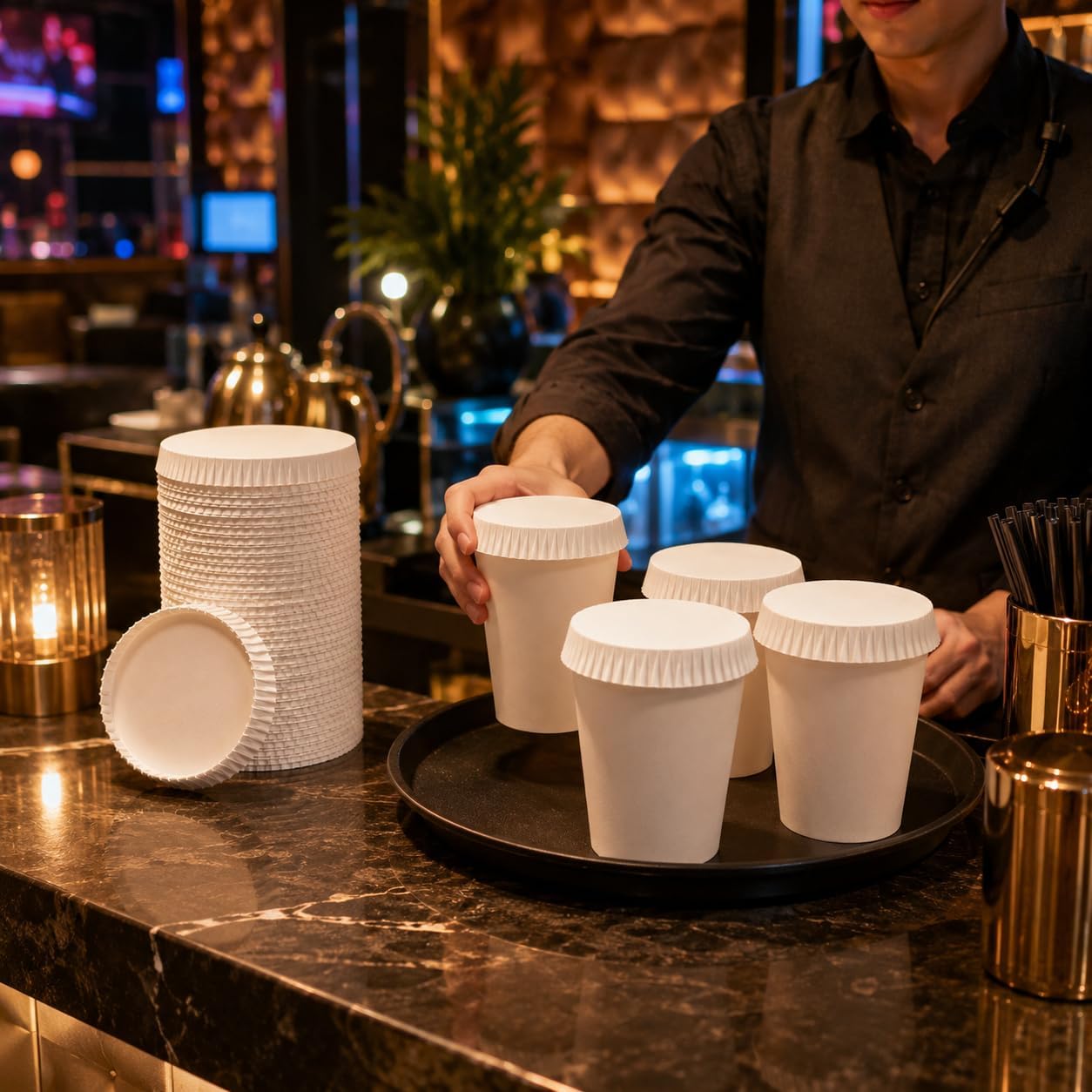 200pcs Disposable Paper Cup Cover: Recycled Drinking Lid Coffee Cup Cover Hot Cup Lid for Cafe Hotel KTV Bars(3.25" diameter lids)